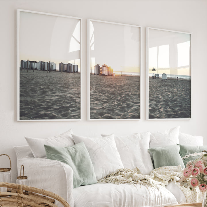Sunset Cabanas beach art print - White Framed Poster No Border - Artworksets