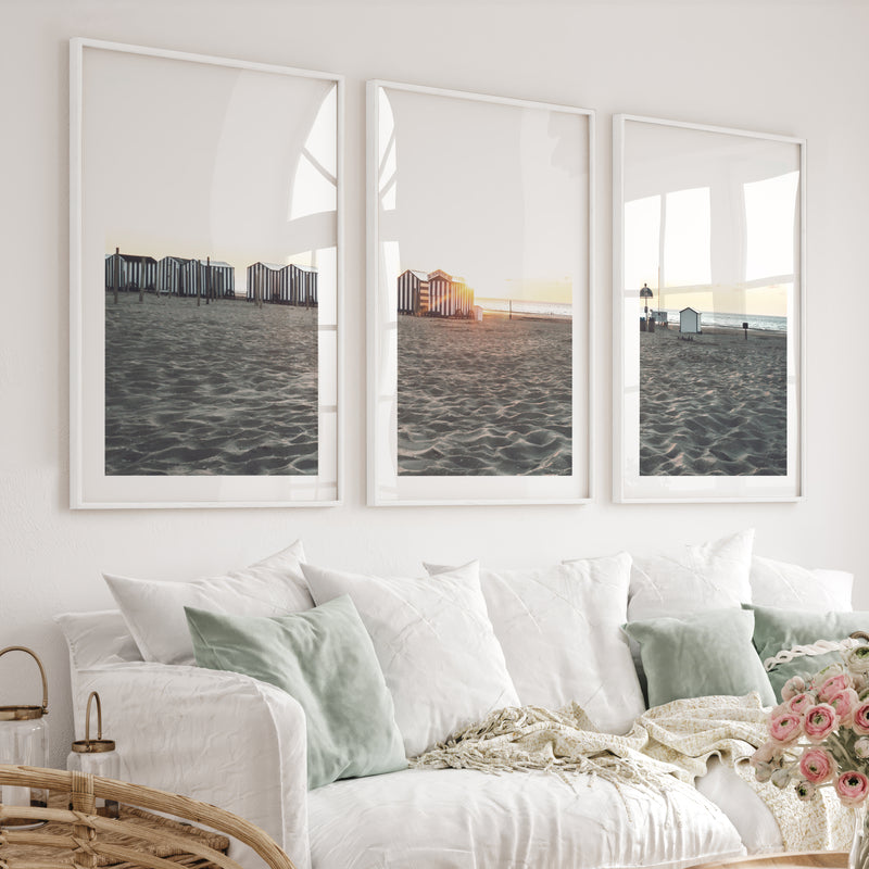 Sunset Cabanas beach art print - White Framed Poster with White Border - Artworksets