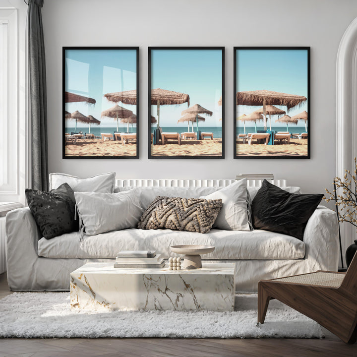 Thatched Umbrella beach art wall - Black Framed Poster No Border - Artworksets