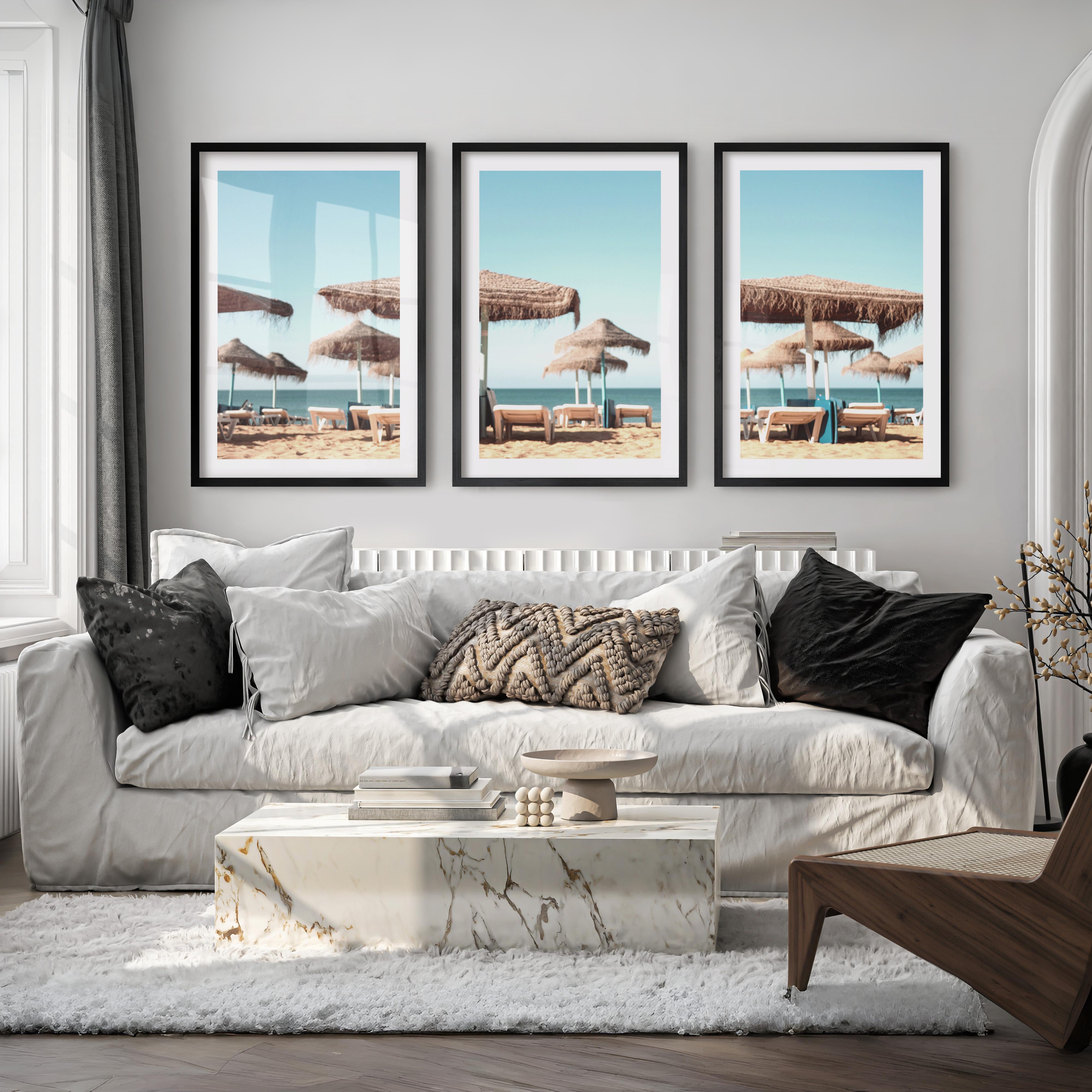 Thatched Umbrella beach art wall - Black Framed Poster with White Border - Artworksets