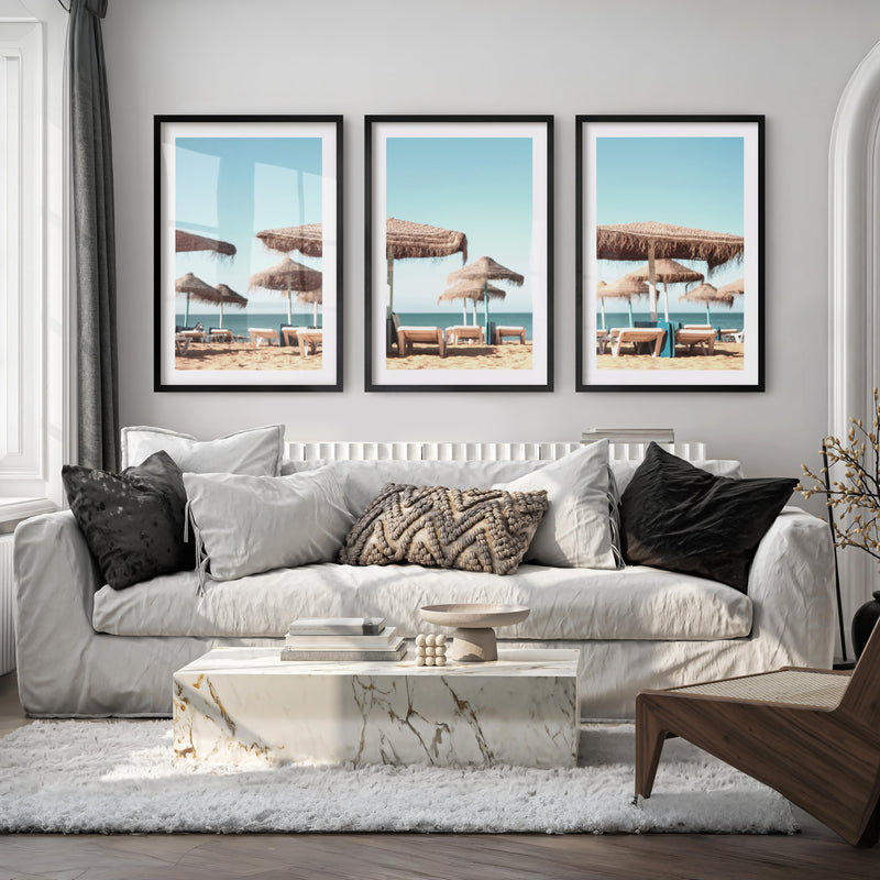 Thatched Umbrella beach art wall - Black Framed Poster with White Border - Artworksets