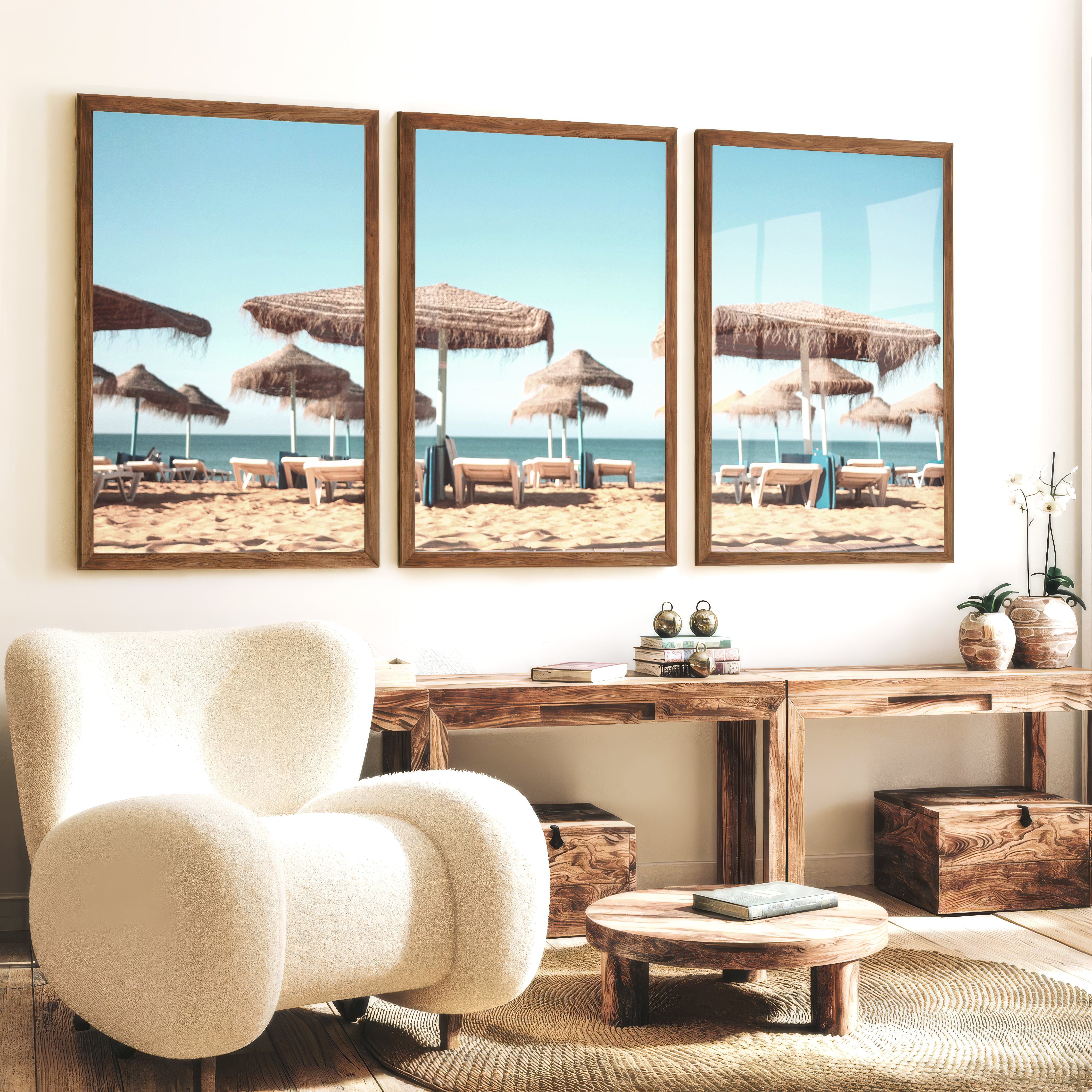Thatched Umbrella beach art wall - Dark Brown Framed Poster No Border - Artworksets
