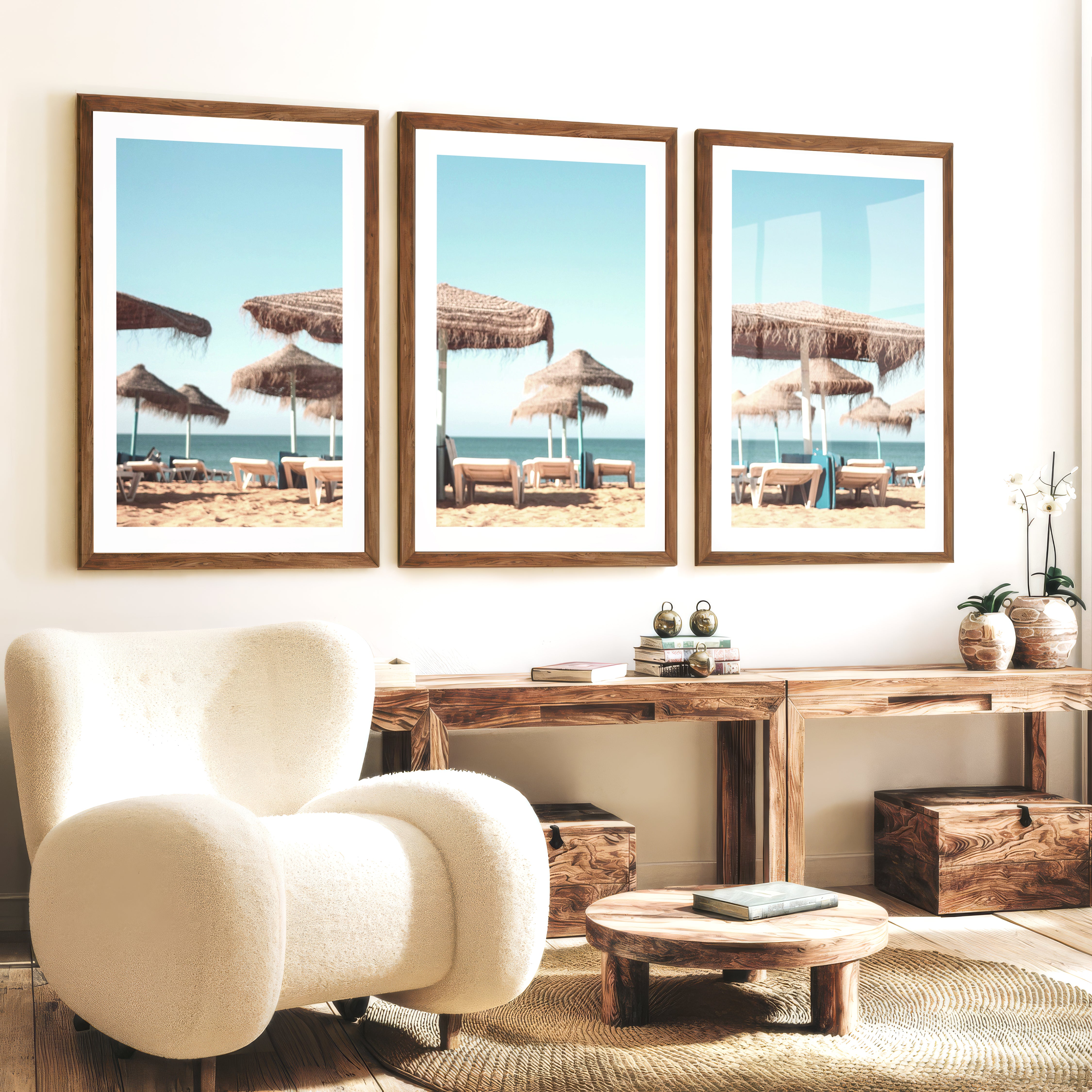 Thatched Umbrella beach art wall - Dark Brown Framed Poster with White Border - Artworksets