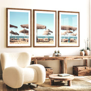 Thatched Umbrella beach art wall - Dark Brown Framed Poster with White Border - Artworksets