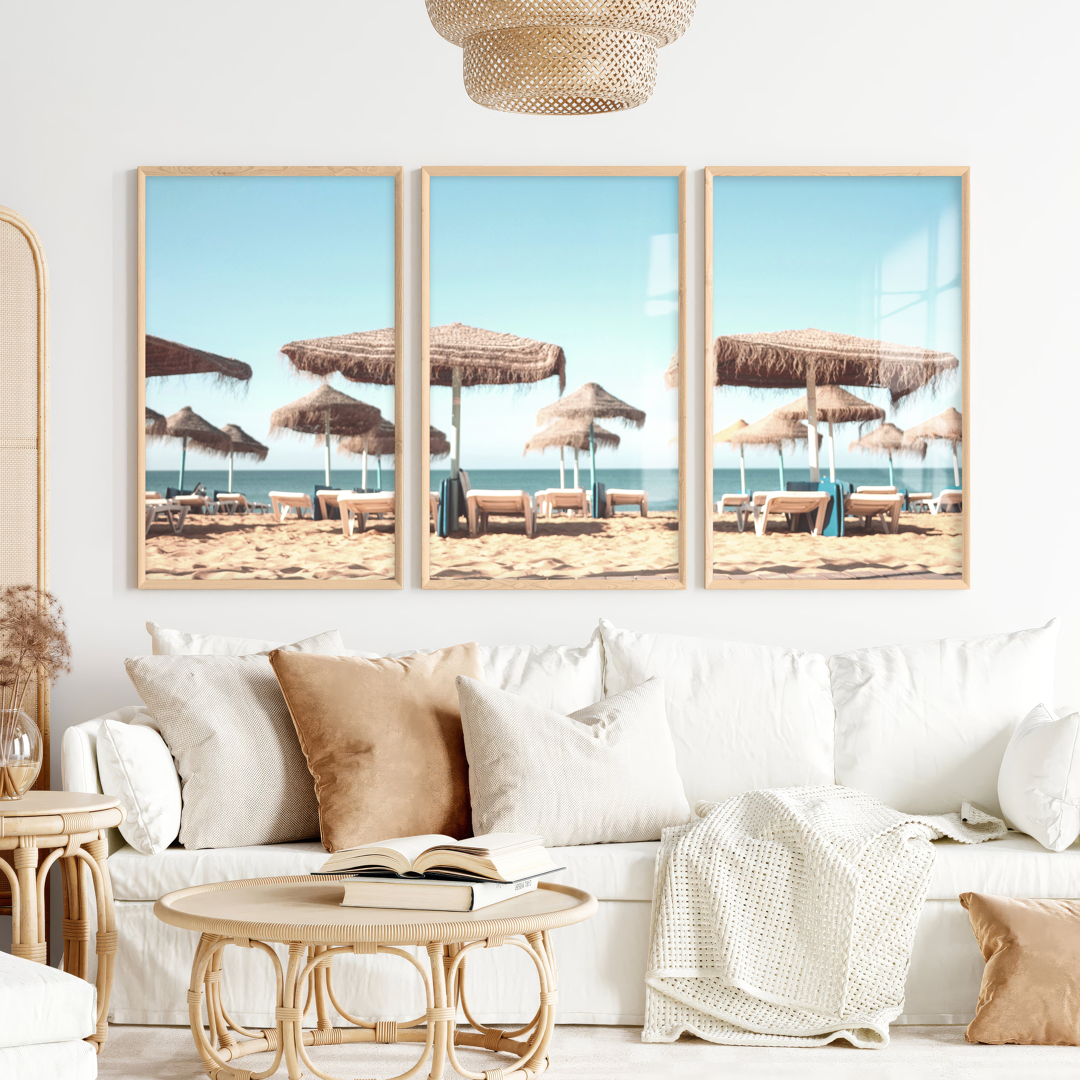 Thatched Umbrella beach art wall - Natural Wood Framed Poster No Border - Artworksets