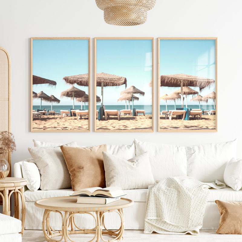 Thatched Umbrella beach art wall - Natural Wood Framed Poster No Border - Artworksets