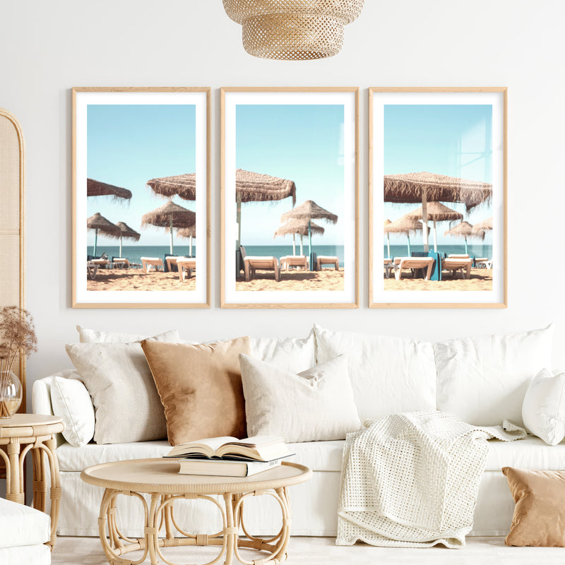 Thatched Umbrella beach art wall- Natural Wood Framed Poster with White Border - Artworksets