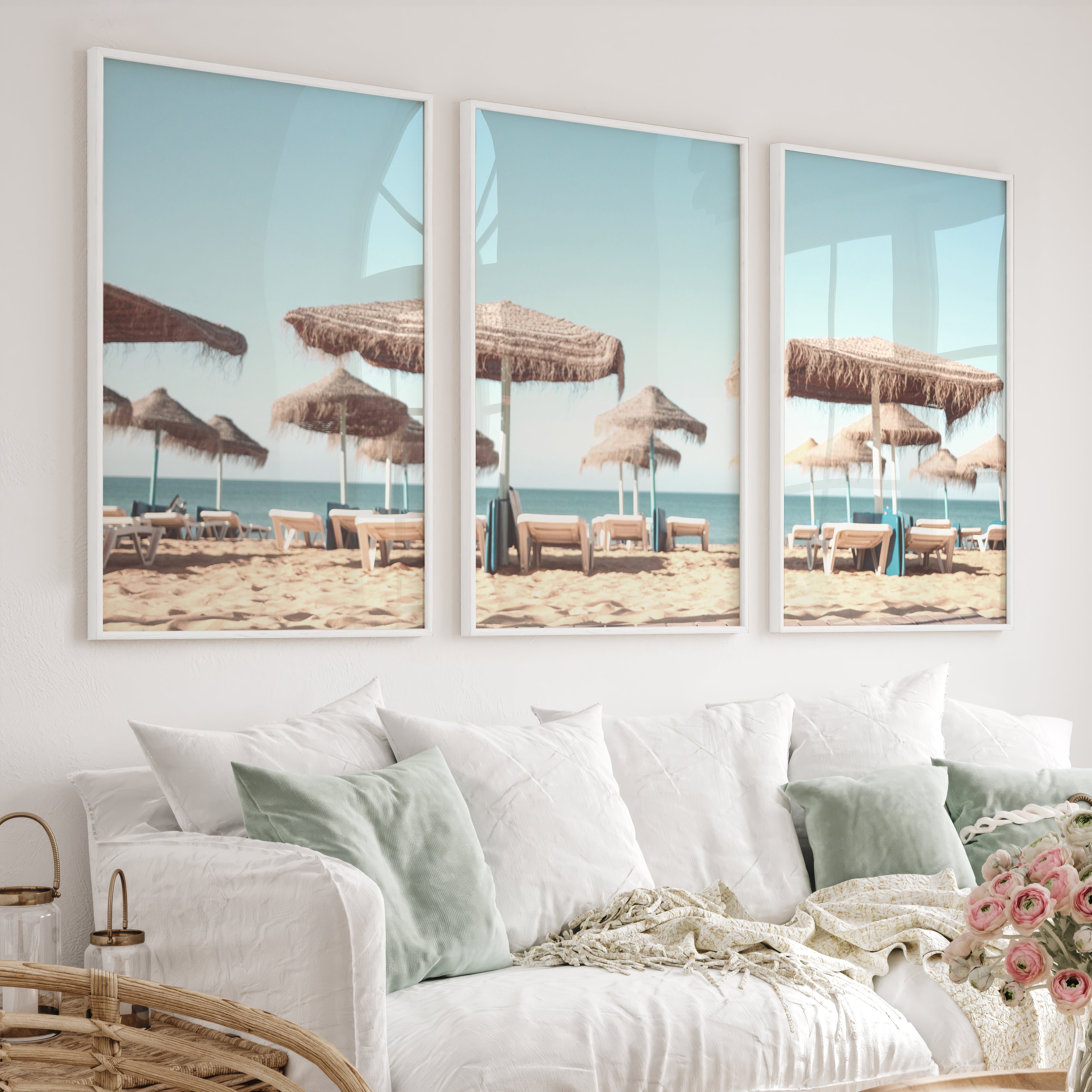 Thatched Umbrella beach art wall - White Framed Poster No Border - Artworksets