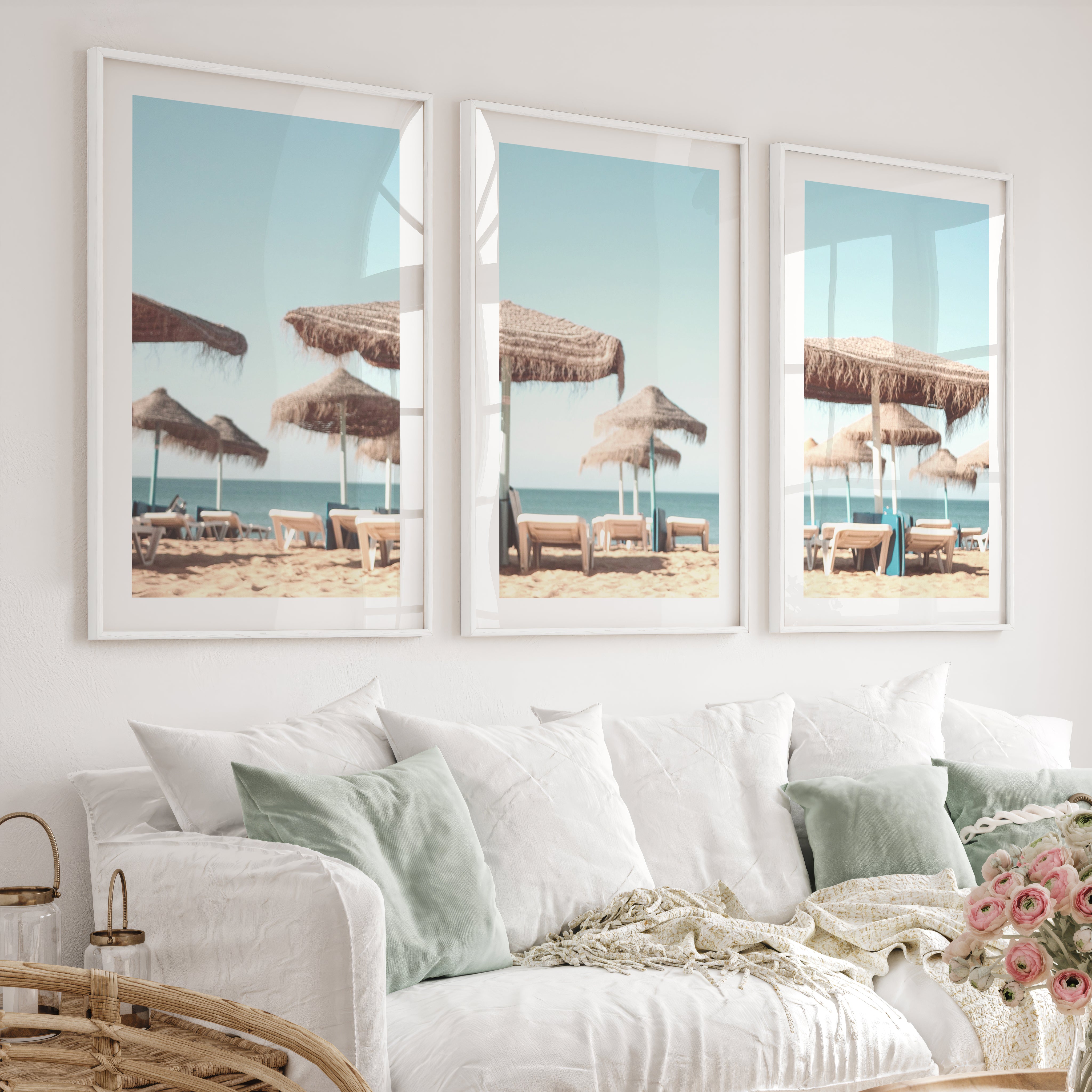 Thatched Umbrella beach art wall - White Framed Poster with White Border - Artworksets