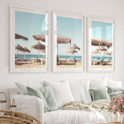 Thatched Umbrella beach art wall - White Framed Poster with White Border - Artworksets