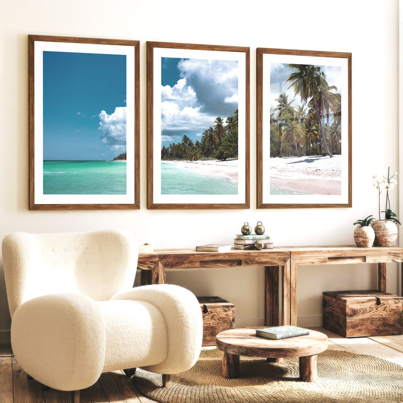 Palm Shore beach art wall - Dark Brown Framed Poster with White Border - Artworksets