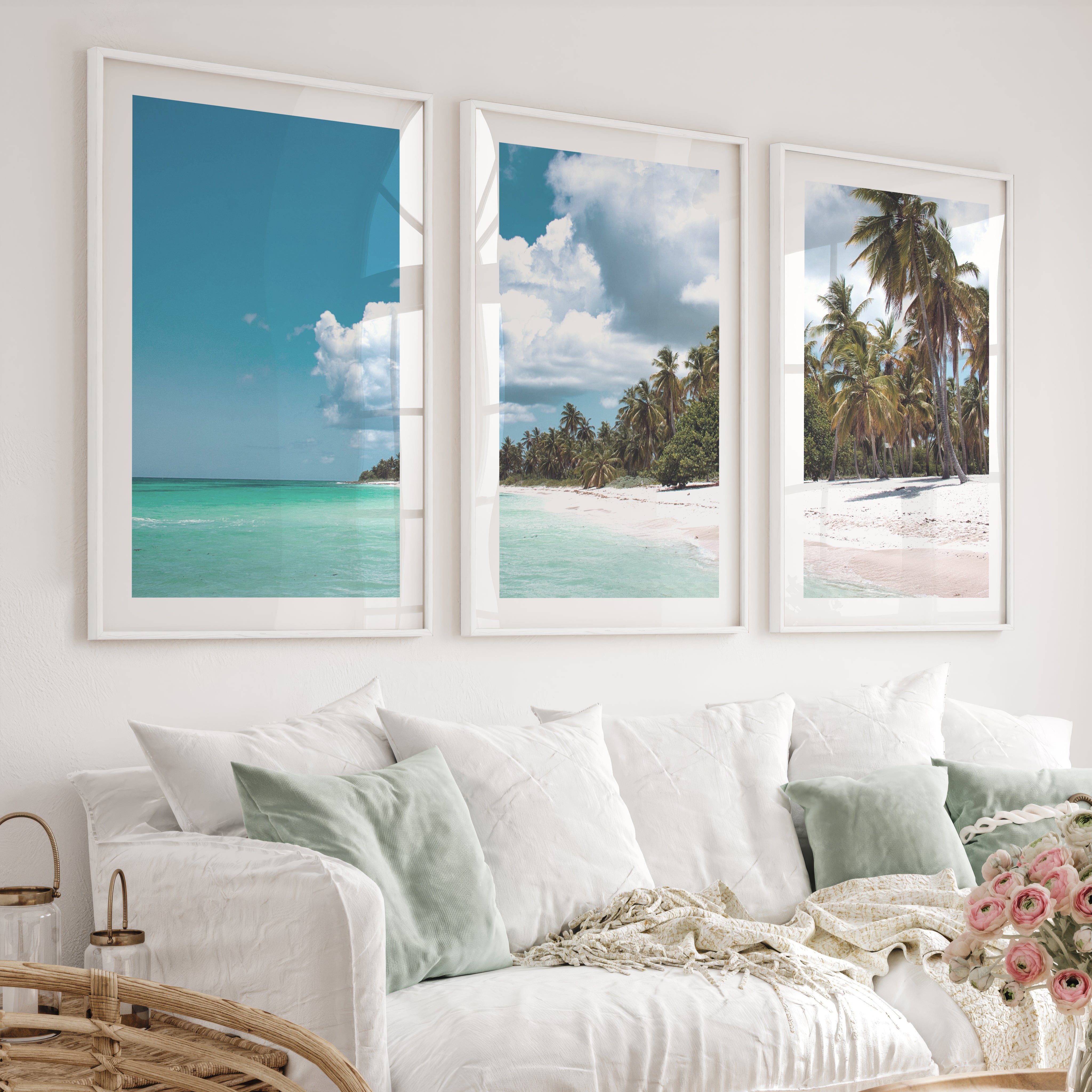 Palm Shore beach art wall - White Framed Poster with White Border - Artworksets