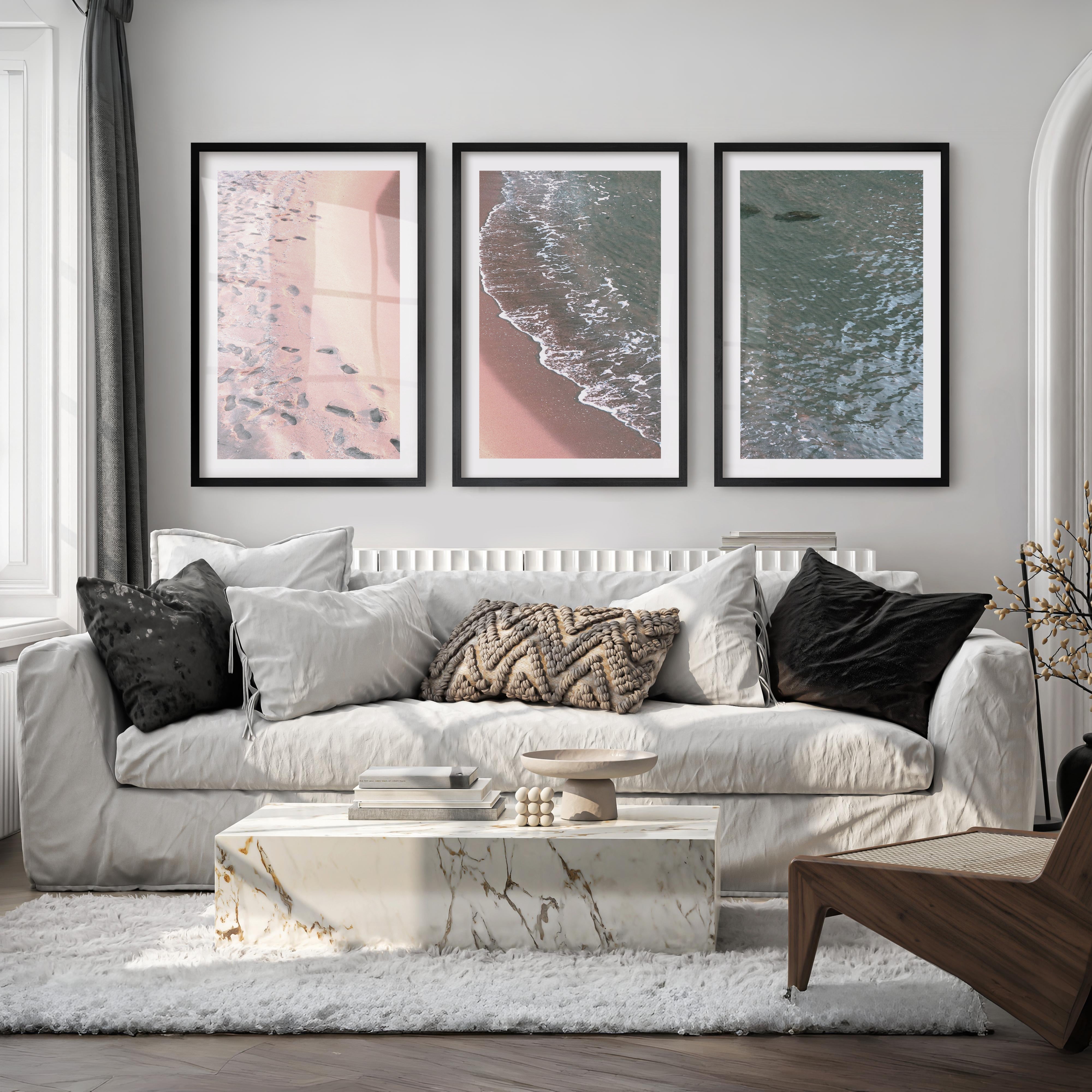 Footprint Shoreline Beach Artwork for Living Room - Black Framed Poster with White Border - Artworksets
