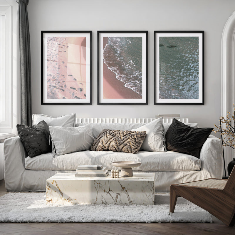 Footprint Shoreline Beach Artwork for Living Room - Black Framed Poster with White Border - Artworksets