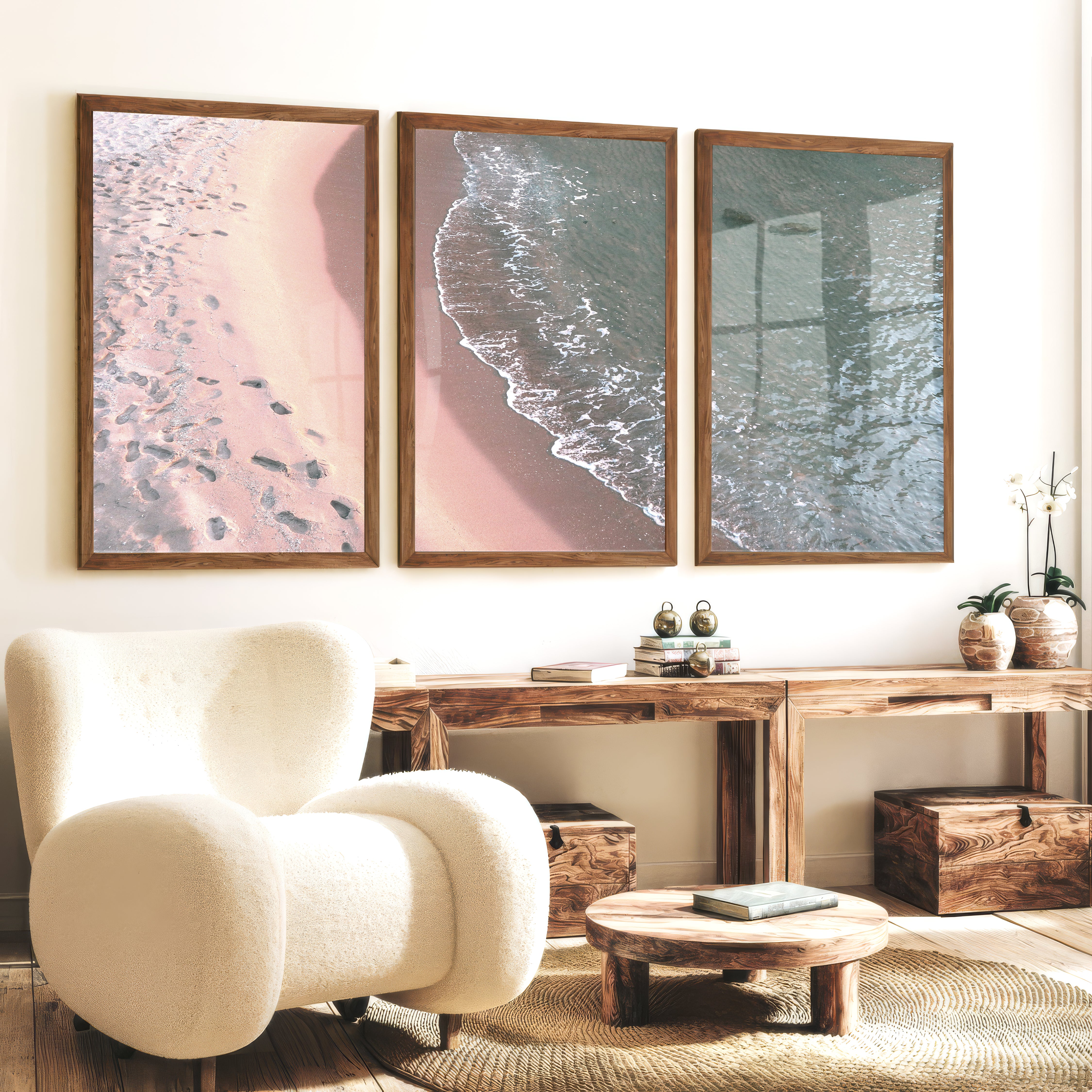 Footprint Shoreline Beach Artwork for Living Room - Dark Brown Framed Poster No Border - Artworksets