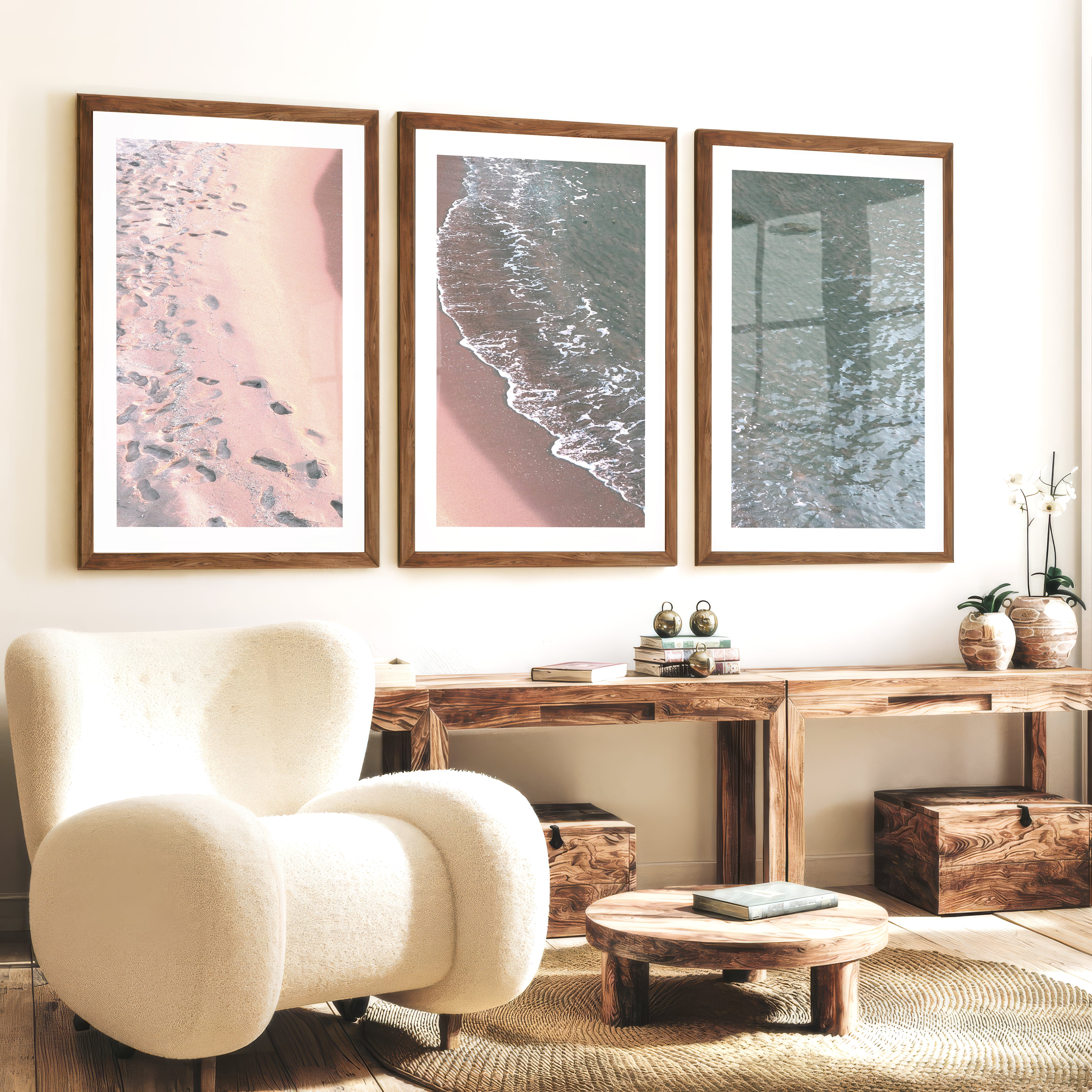 Footprint Shoreline Beach Artwork for Living Room - Dark Brown Framed Poster with White Border - Artworksets