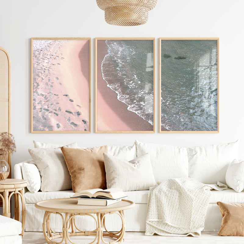 Footprint Shoreline Beach Artwork for Living Room - Natural Wood Framed Poster No Border - Artworksets