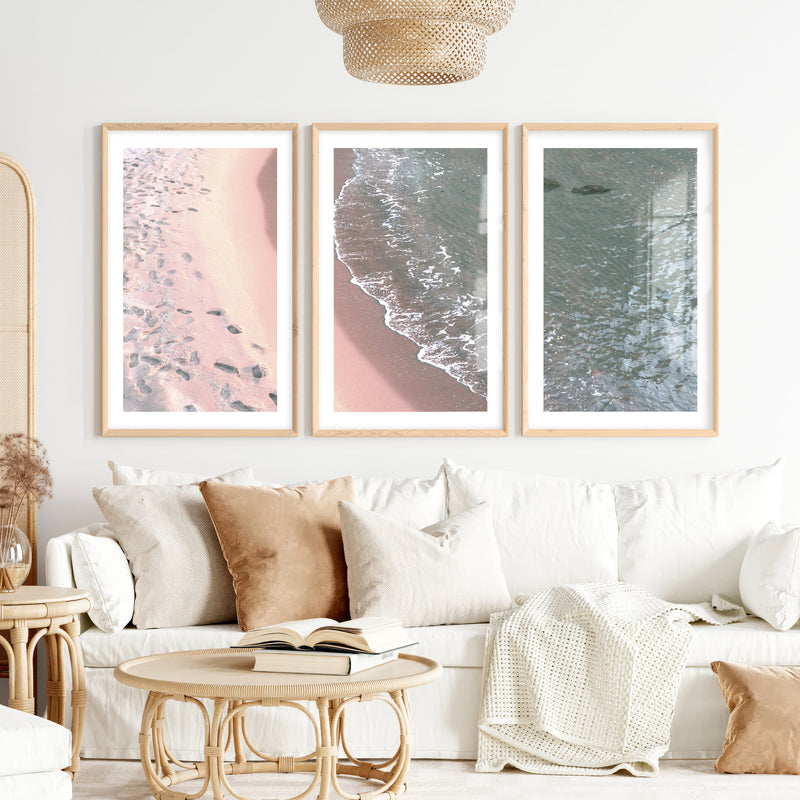 Footprint Shoreline Beach Artwork for Living Room- Natural Wood Framed Poster with White Border - Artworksets