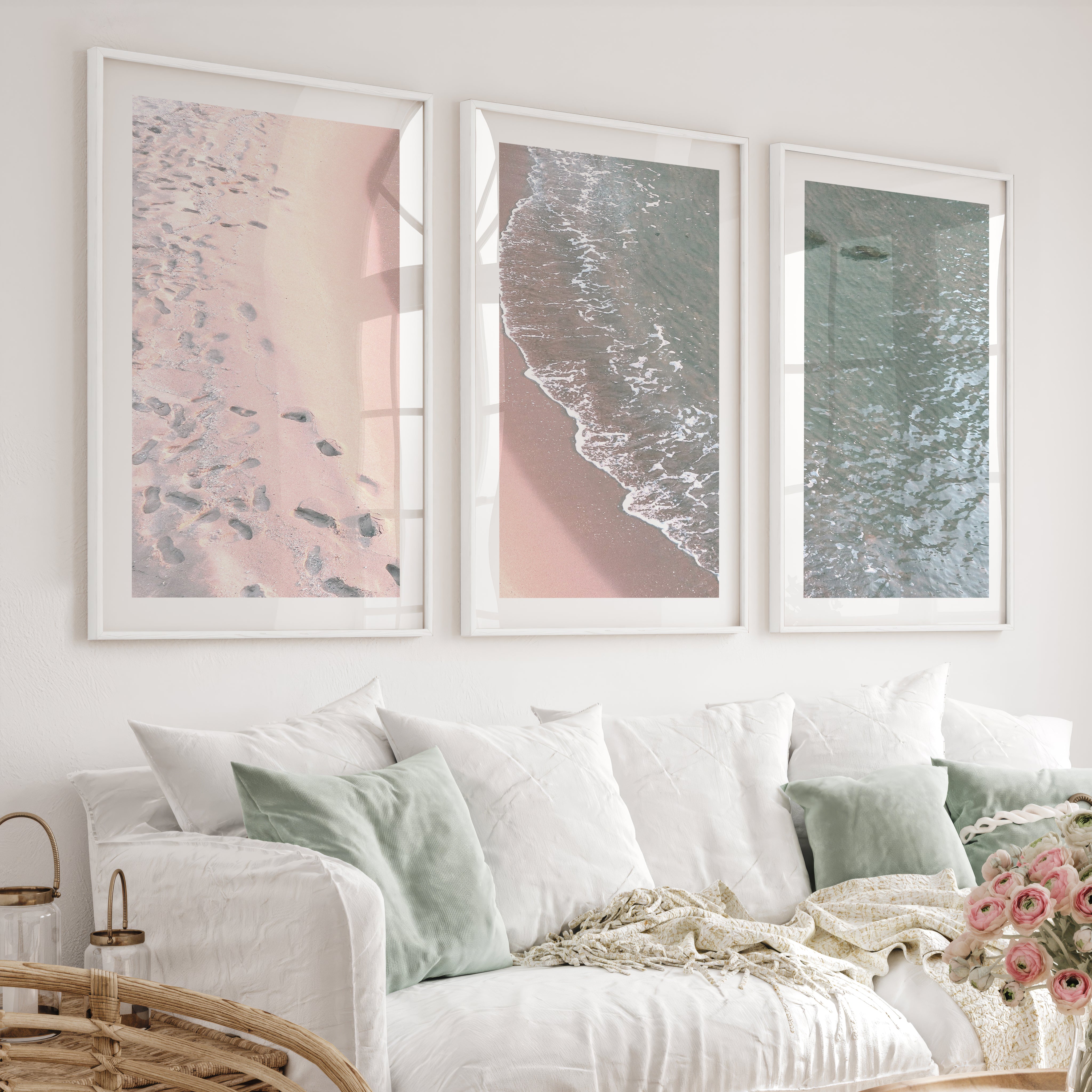 Footprint Shoreline Beach Artwork for Living Room - White Framed Poster with White Border - Artworksets