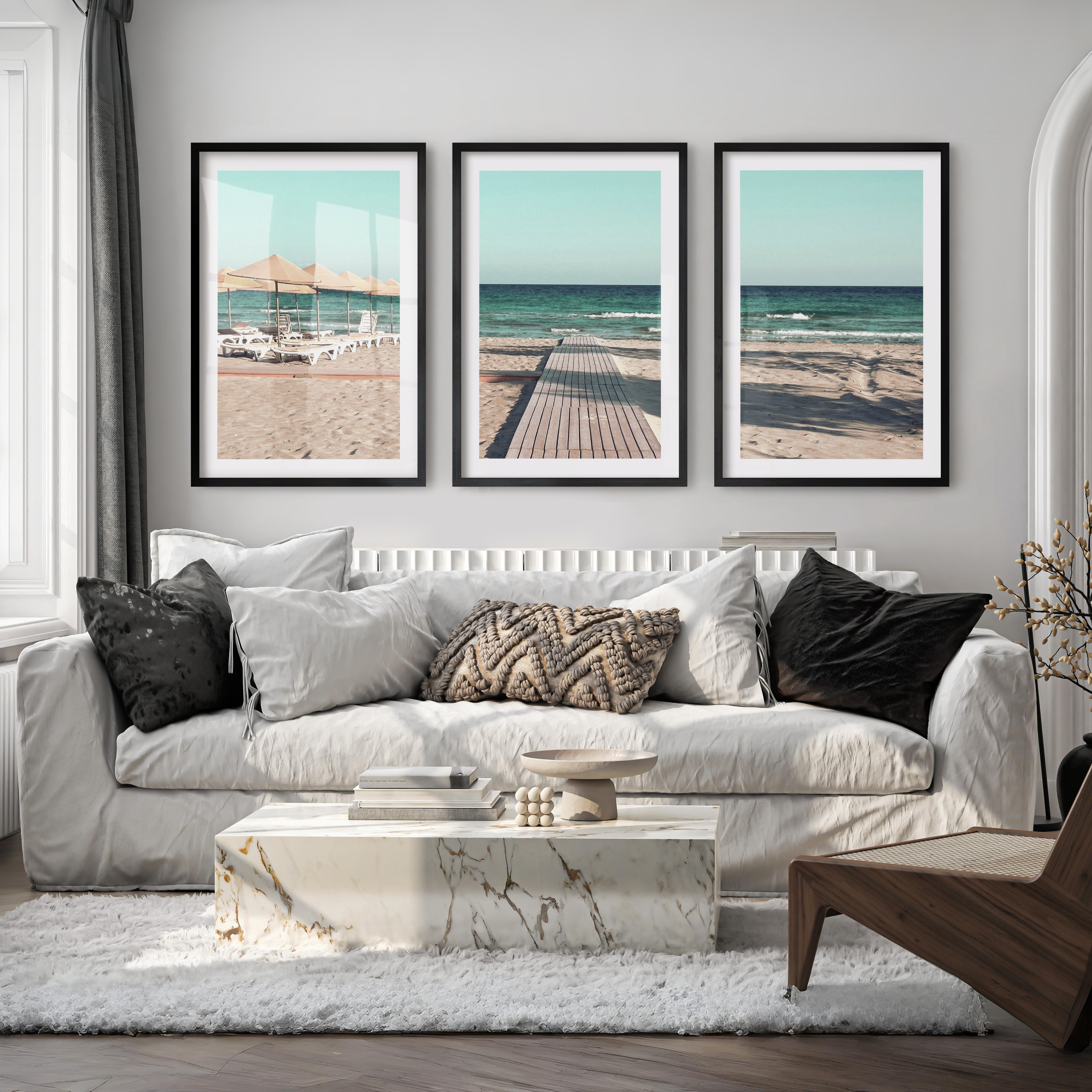 Boardwalk to the Sea beach coastal wall art - Black Framed Poster with White Border - Artworksets