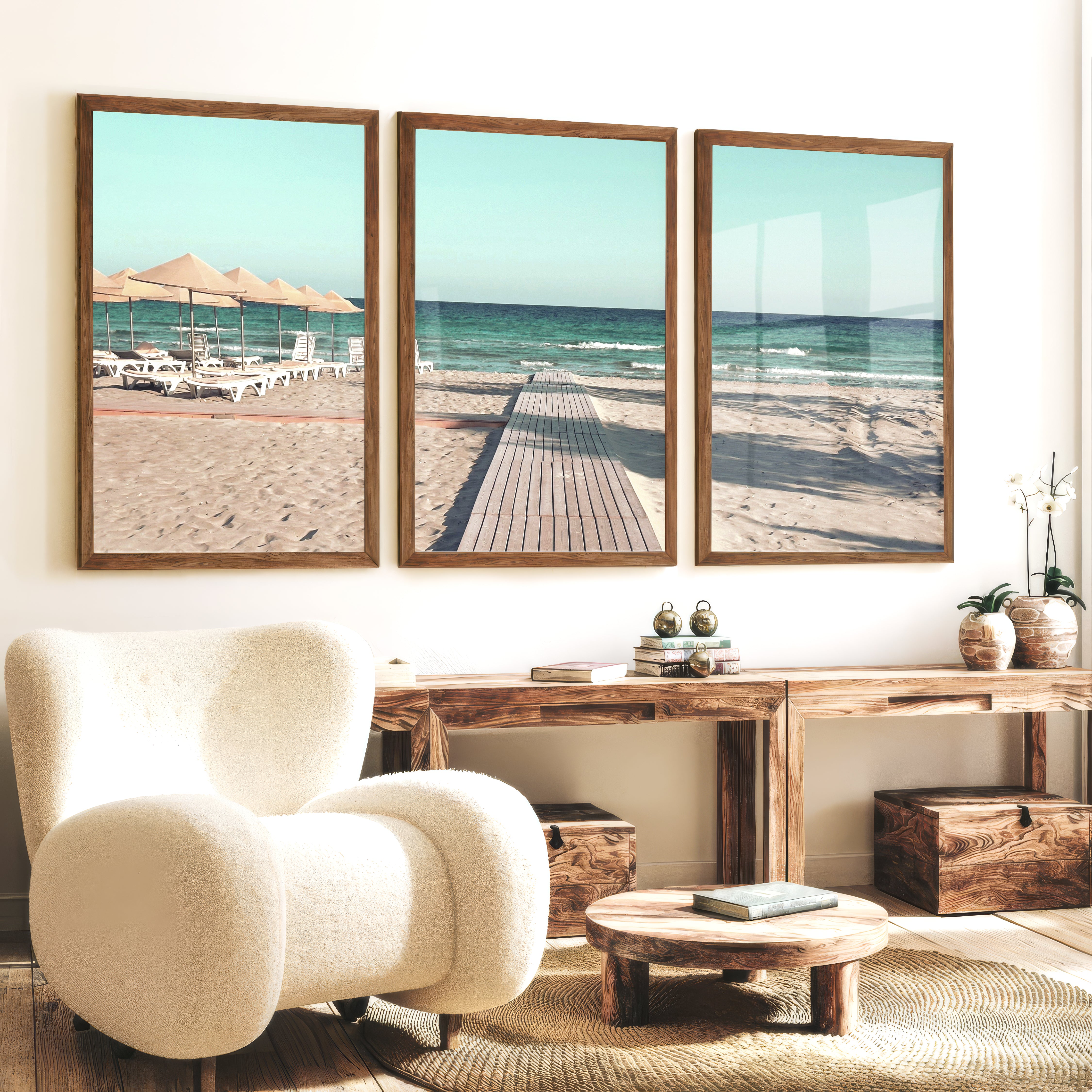 Boardwalk to the Sea beach coastal wall art - Dark Brown Framed Poster No Border - Artworksets