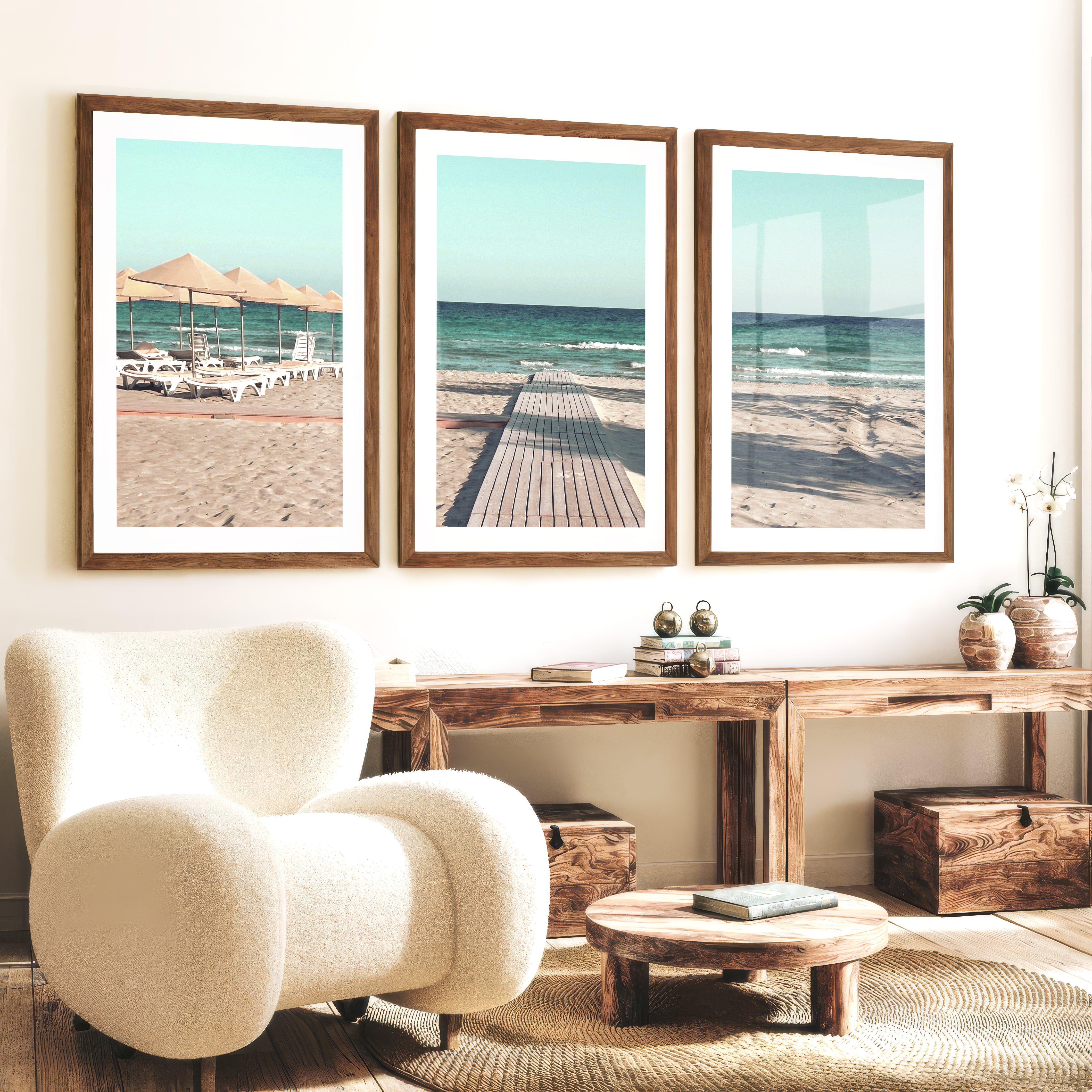 Boardwalk to the Sea beach coastal wall art - Dark Brown Framed Poster with White Border - Artworksets