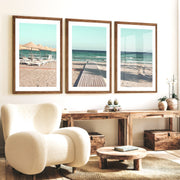 Boardwalk to the Sea beach coastal wall art - Dark Brown Framed Poster with White Border - Artworksets