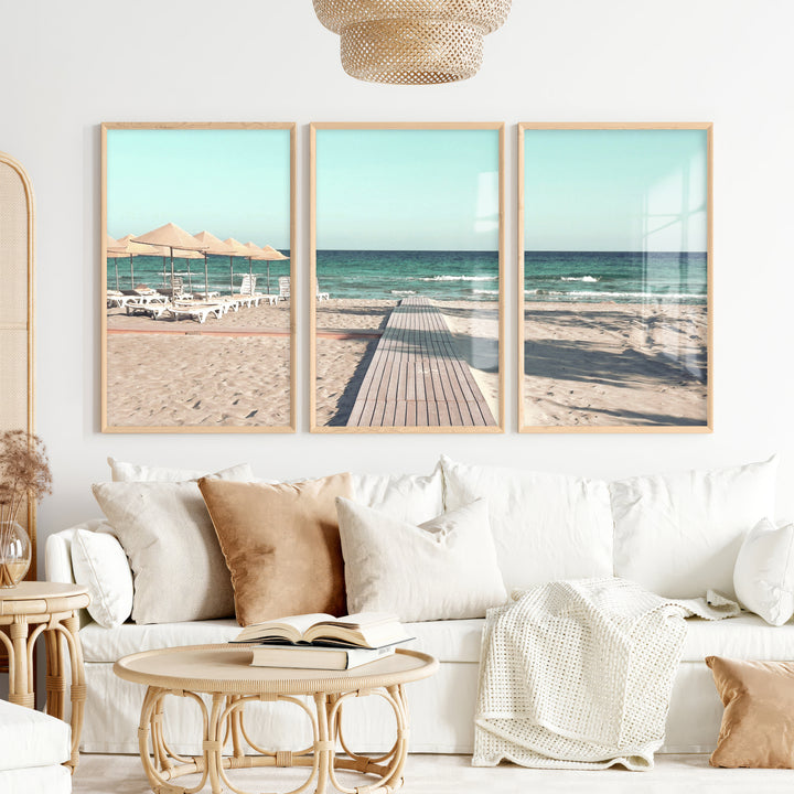 Boardwalk to the Sea beach coastal wall art - Natural Wood Framed Poster No Border - Artworksets