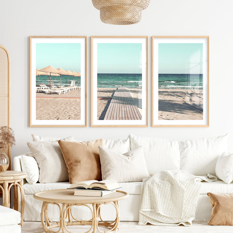 Boardwalk to the Sea beach coastal wall art- Natural Wood Framed Poster with White Border - Artworksets