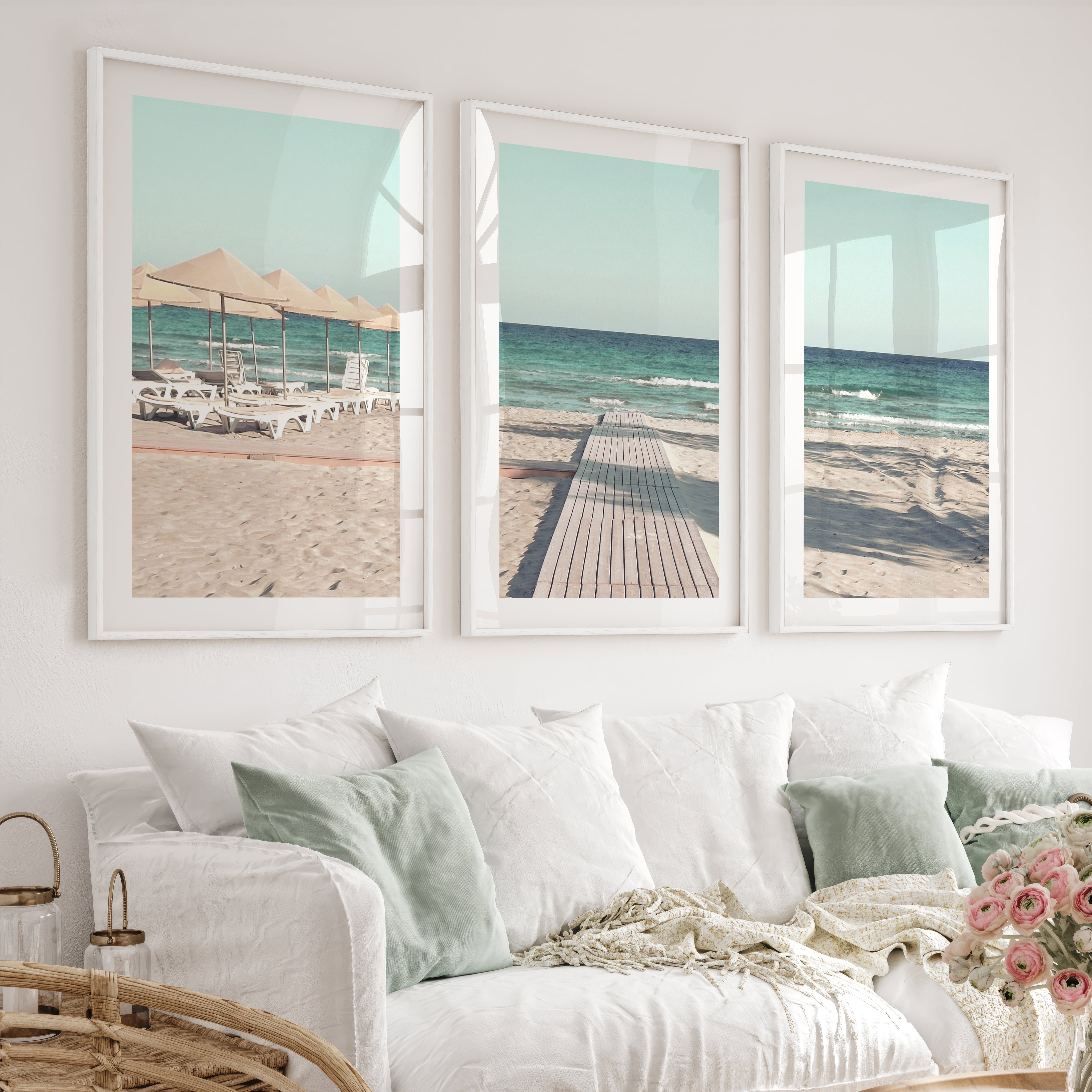 Boardwalk to the Sea beach coastal wall art - White Framed Poster with White Border - Artworksets