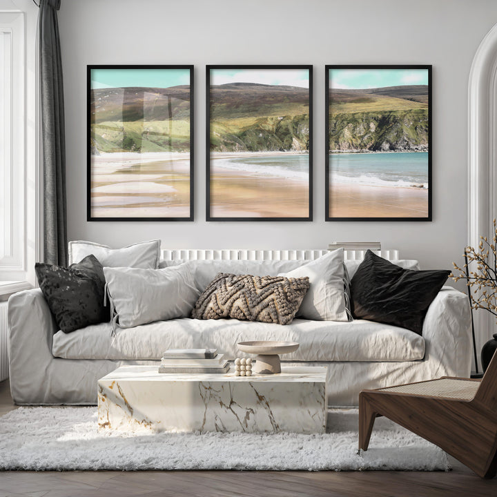 Wide Sandy Bay beach coastal wall art below Green Cliffs - Black Framed Poster No Border - Artworksets