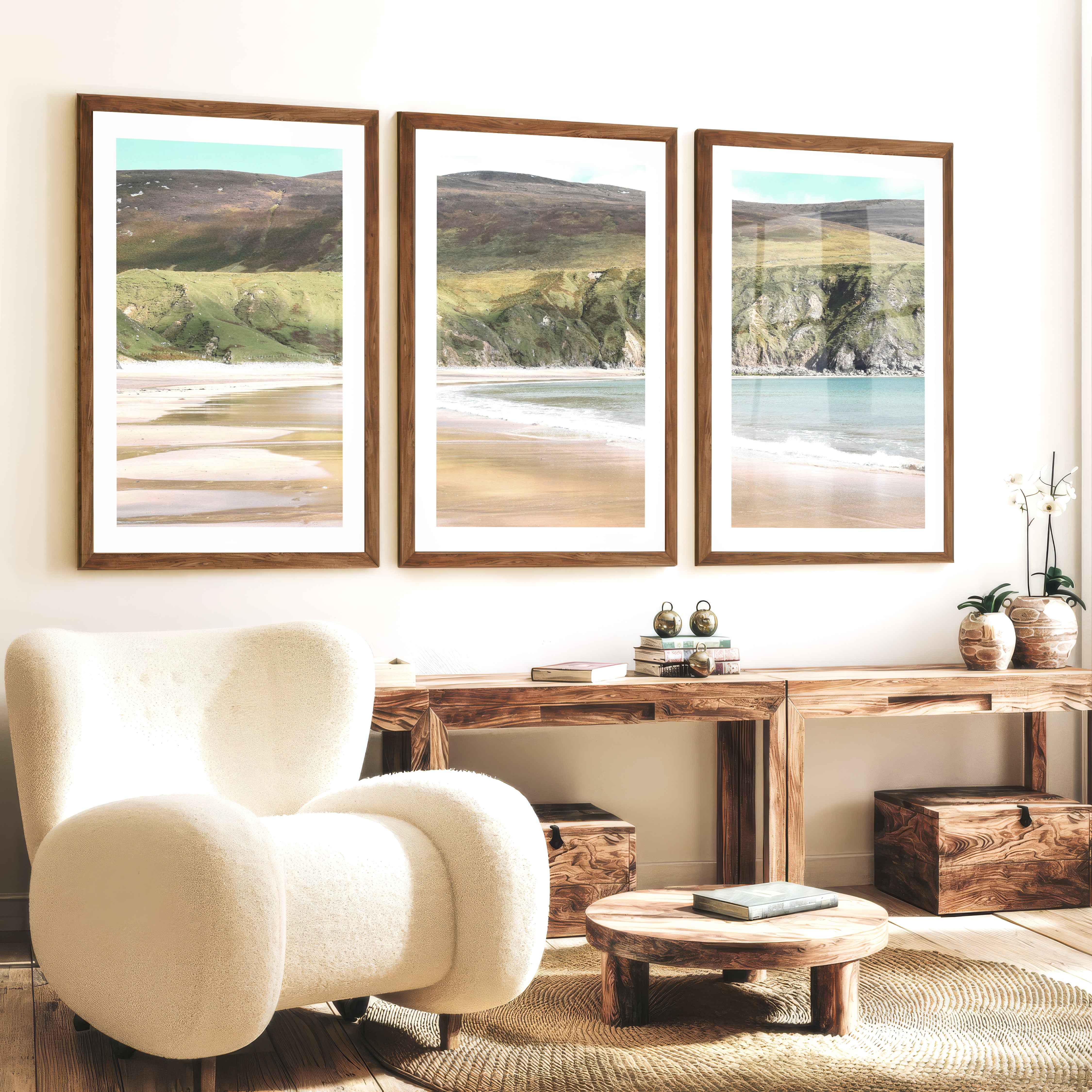 Wide Sandy Bay beach coastal wall art below Green Cliffs - Dark Brown Framed Poster with White Border - Artworksets