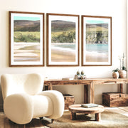 Wide Sandy Bay beach coastal wall art below Green Cliffs - Dark Brown Framed Poster with White Border - Artworksets