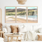 Wide Sandy Bay beach coastal wall art below Green Cliffs - Natural Wood Framed Poster No Border - Artworksets