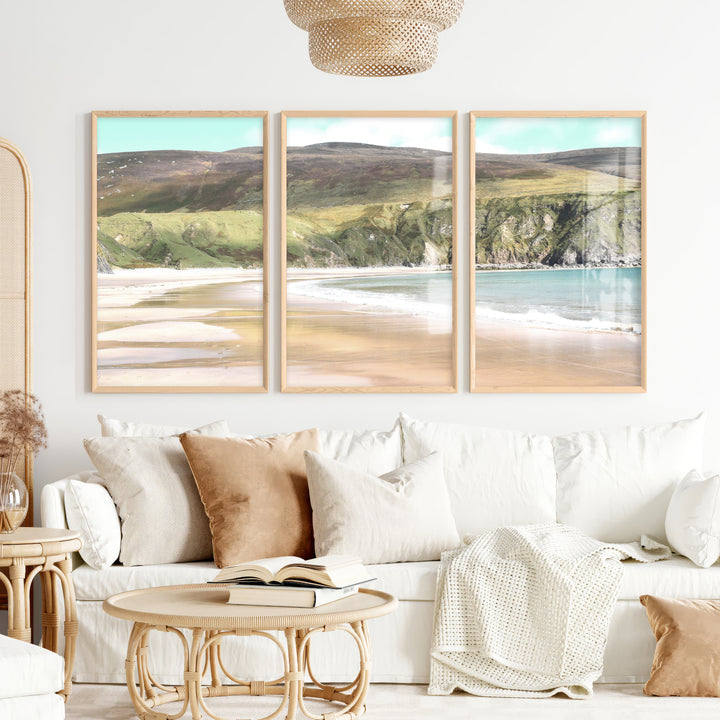Wide Sandy Bay beach coastal wall art below Green Cliffs - Natural Wood Framed Poster No Border - Artworksets