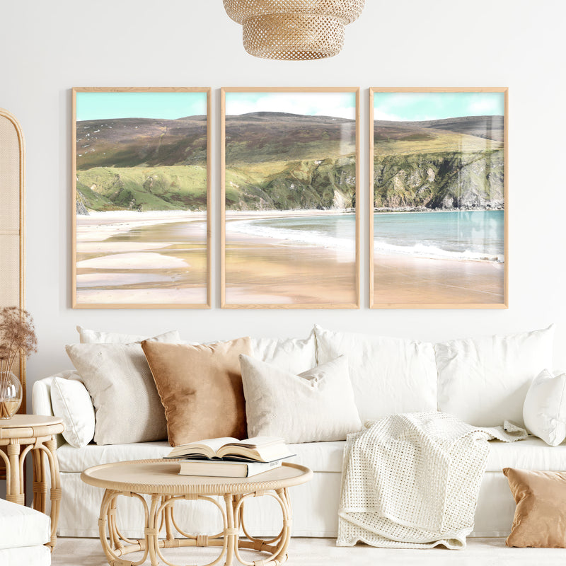 Wide Sandy Bay beach coastal wall art below Green Cliffs - Natural Wood Framed Poster No Border - Artworksets