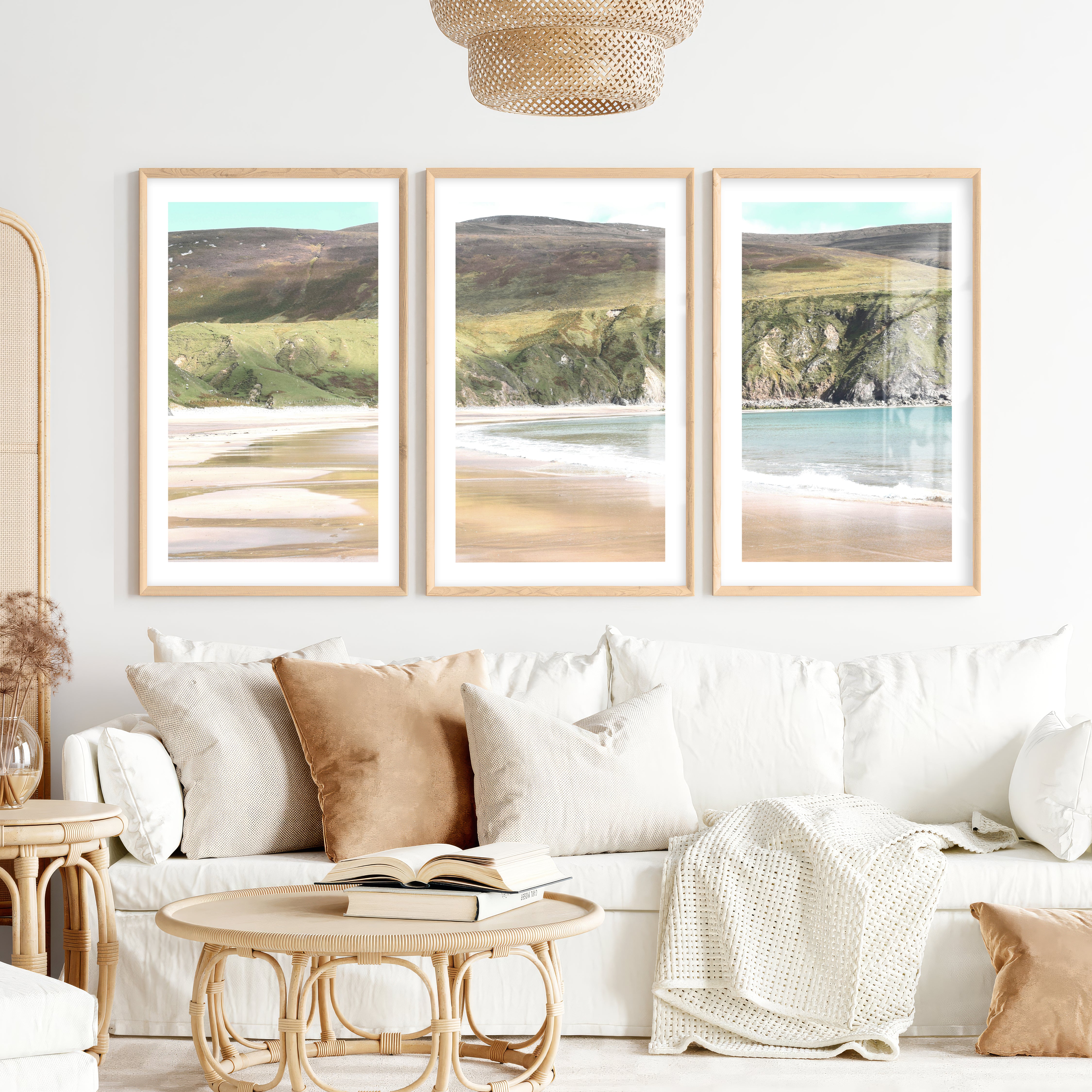 Wide Sandy Bay beach coastal wall art below Green Cliffs- Natural Wood Framed Poster with White Border - Artworksets