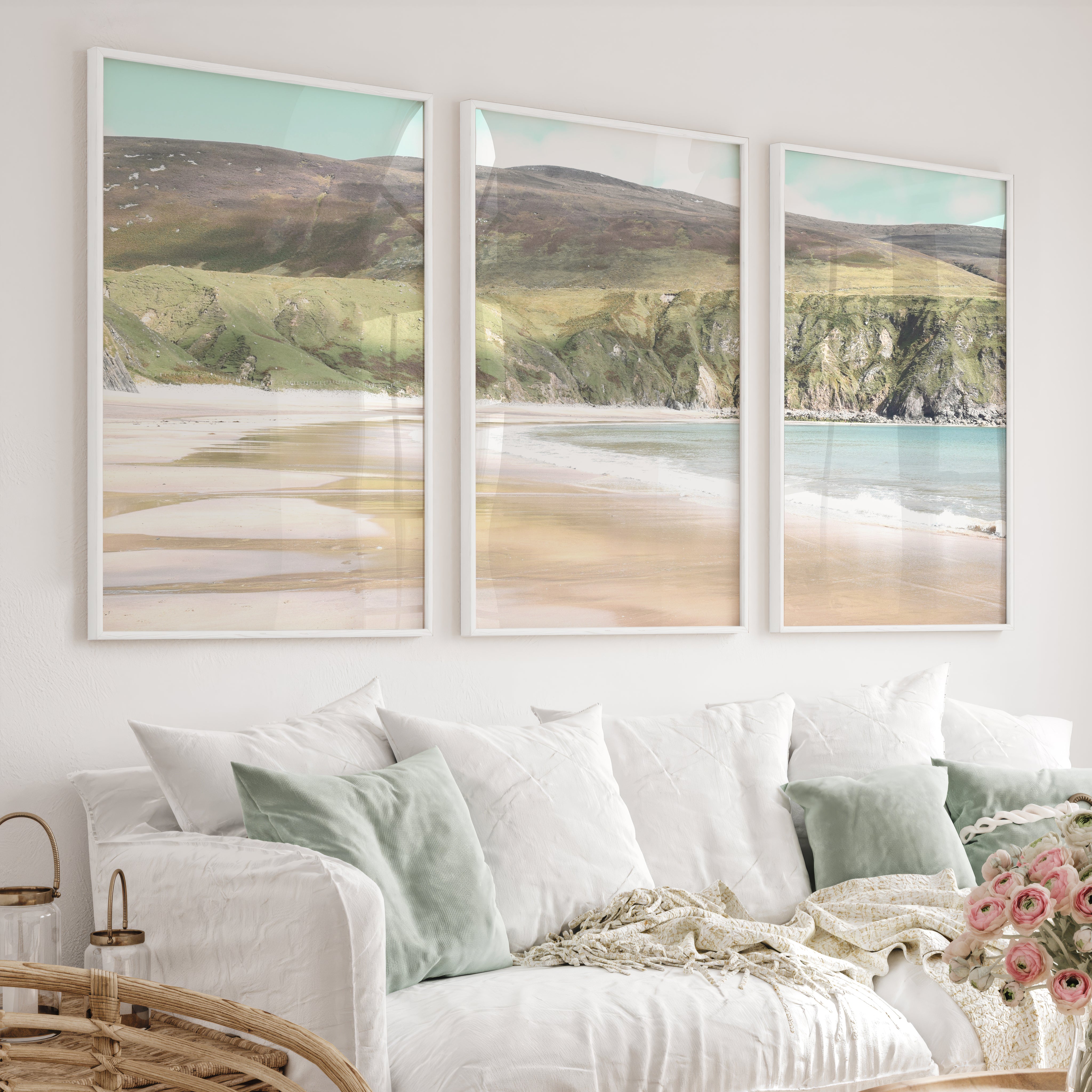 Wide Sandy Bay beach coastal wall art below Green Cliffs - White Framed Poster No Border - Artworksets