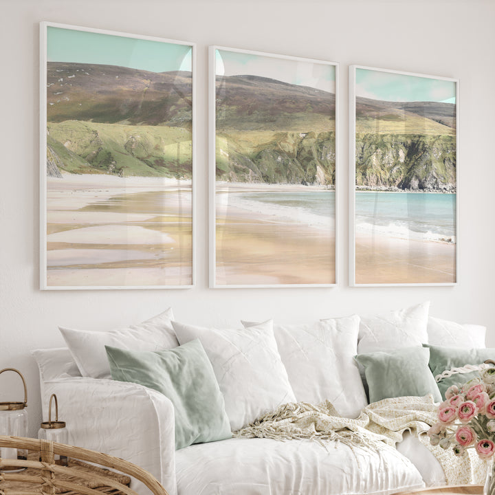 Wide Sandy Bay beach coastal wall art below Green Cliffs - White Framed Poster No Border - Artworksets