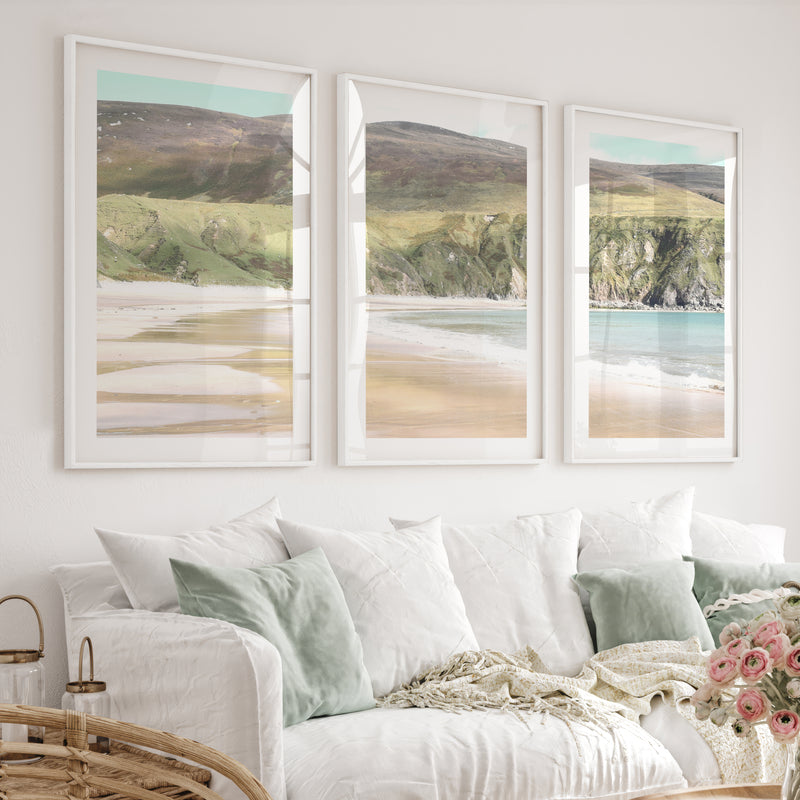 Wide Sandy Bay beach coastal wall art below Green Cliffs - White Framed Poster with White Border - Artworksets