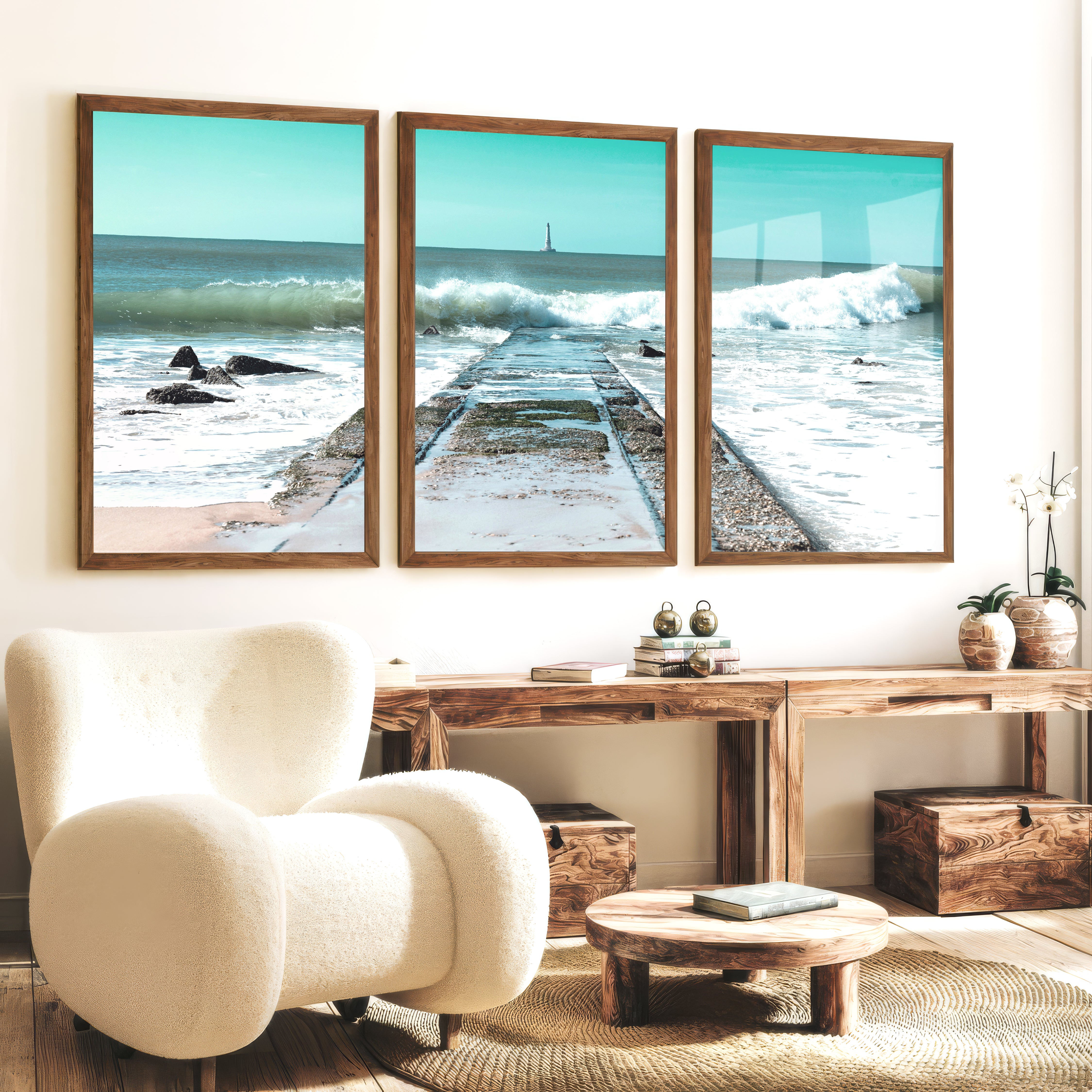 Ocean Jetty Beach Decor Wall - Dark Brown Framed Poster No Border - Artworksets