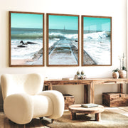 Ocean Jetty Beach Decor Wall - Dark Brown Framed Poster No Border - Artworksets