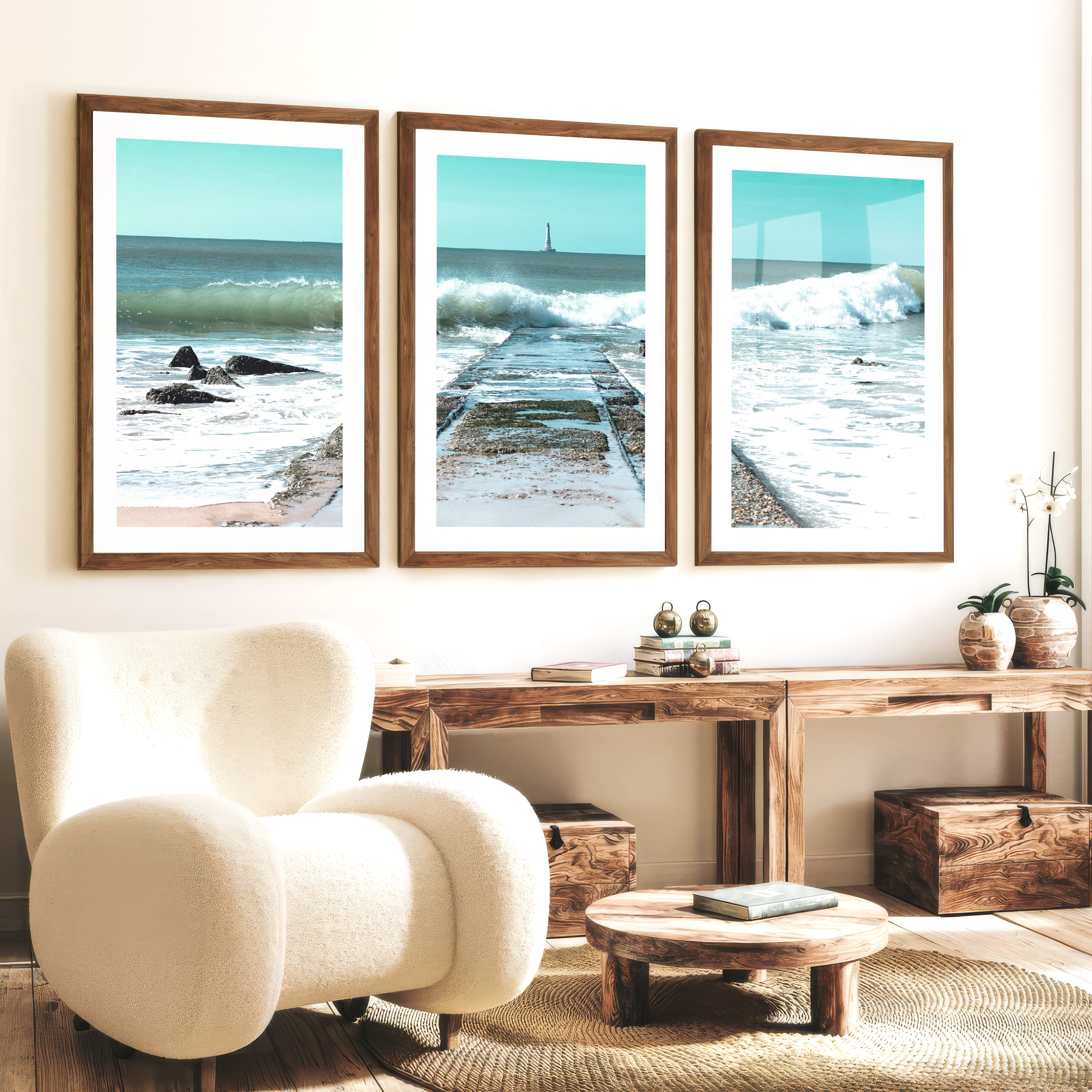 Ocean Jetty Beach Decor Wall - Dark Brown Framed Poster with White Border - Artworksets