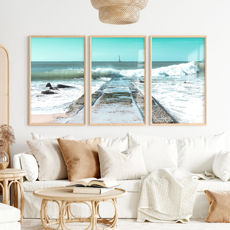 Ocean Jetty Beach Decor Wall - Natural Wood Framed Poster No Border - Artworksets