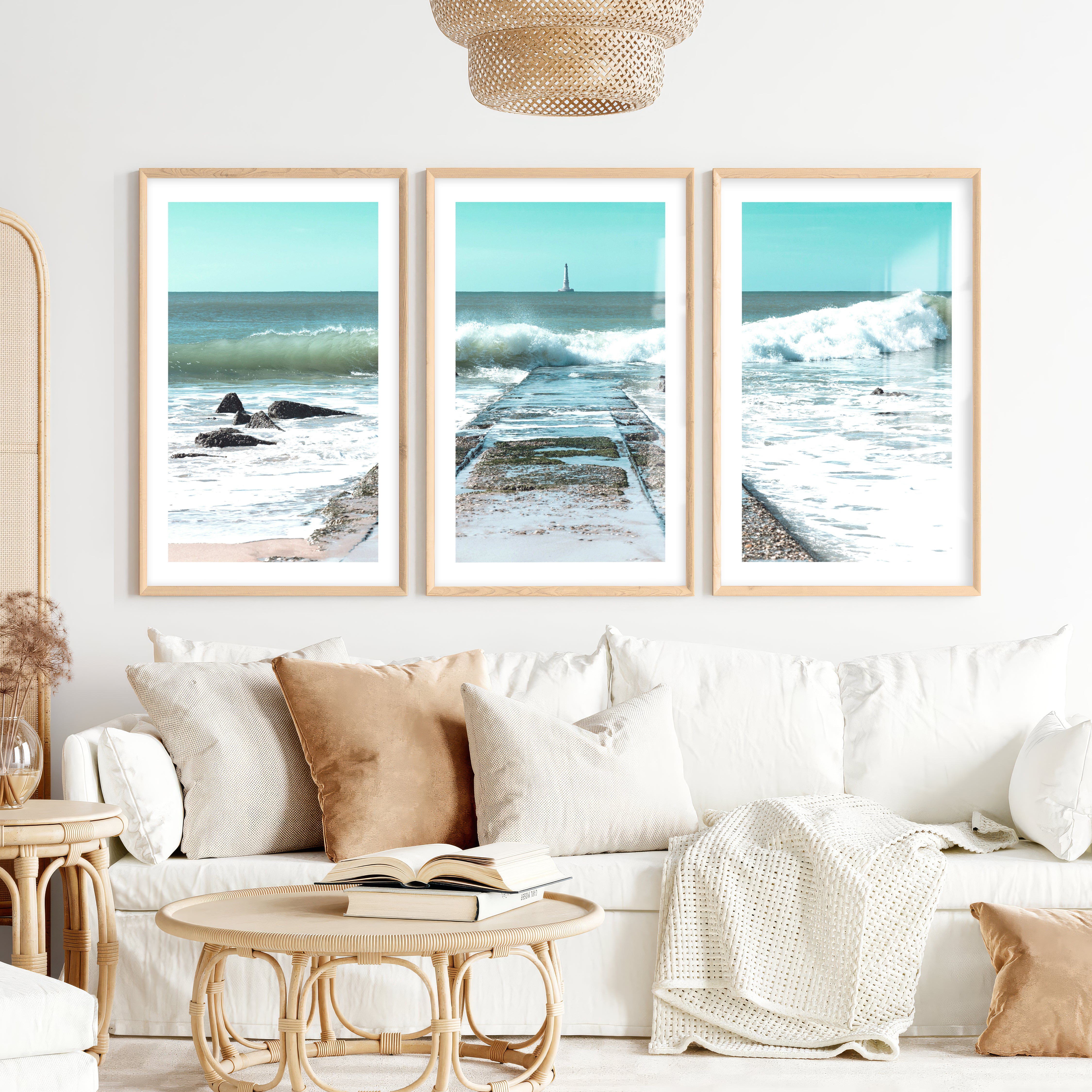 Ocean Jetty Beach Decor Wall- Natural Wood Framed Poster with White Border - Artworksets