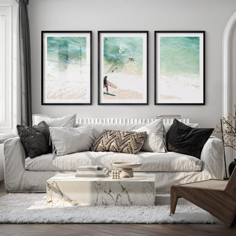 Surfer Shore Beach Decor Wall - Black Framed Poster with White Border - Artworksets