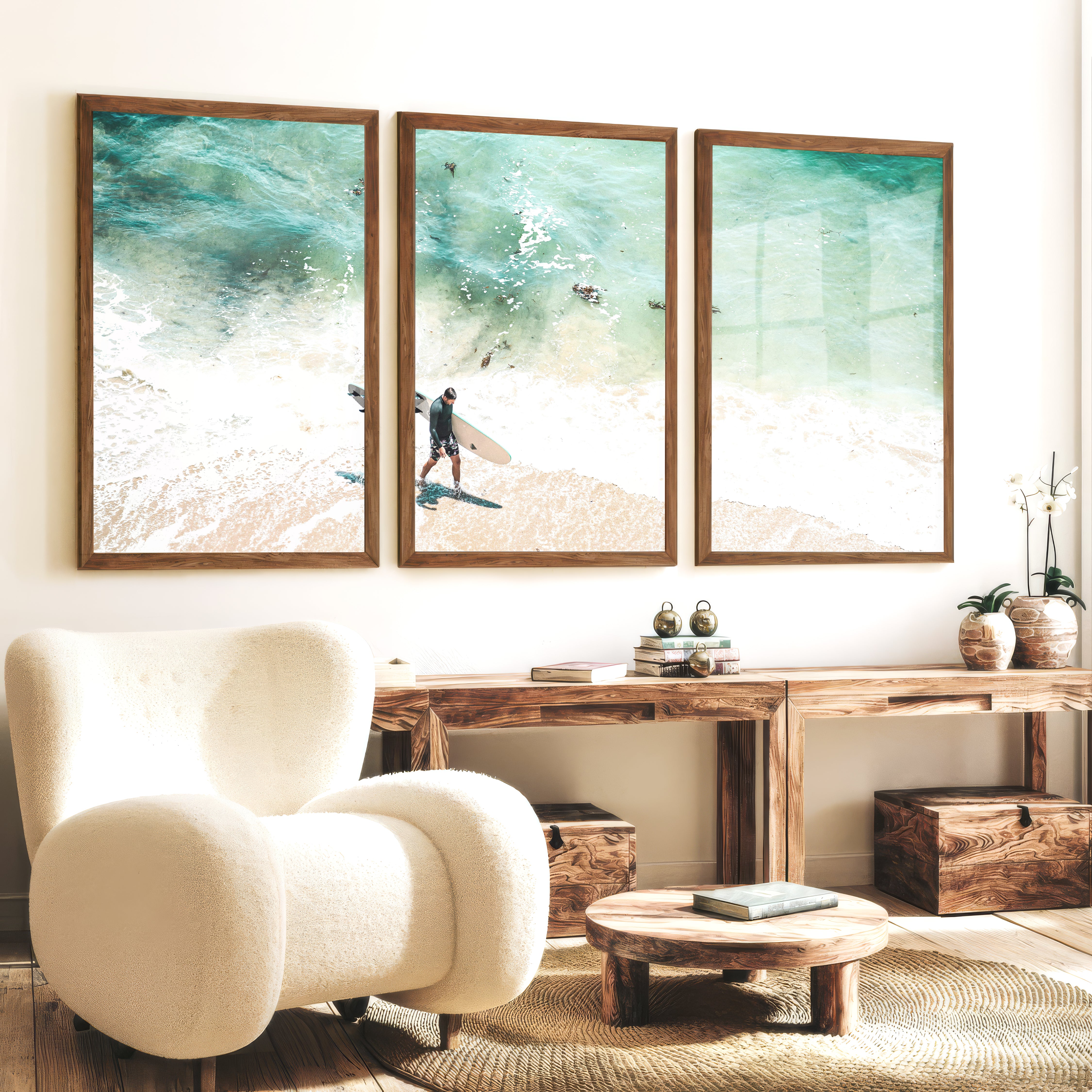 Surfer Shore Beach Decor Wall - Dark Brown Framed Poster No Border - Artworksets