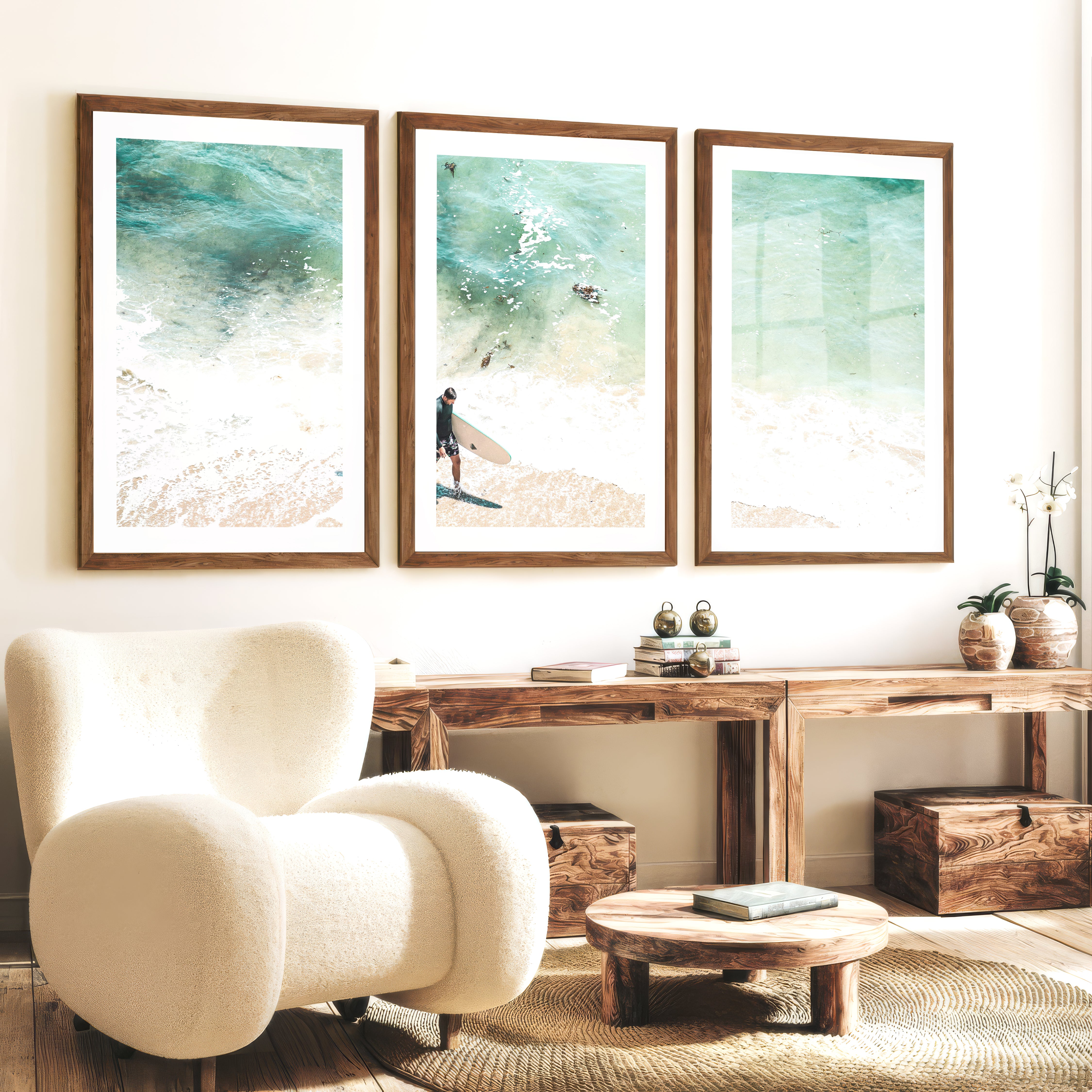 Surfer Shore Beach Decor Wall - Dark Brown Framed Poster with White Border - Artworksets