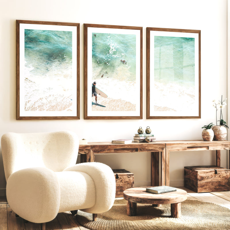 Surfer Shore Beach Decor Wall - Dark Brown Framed Poster with White Border - Artworksets