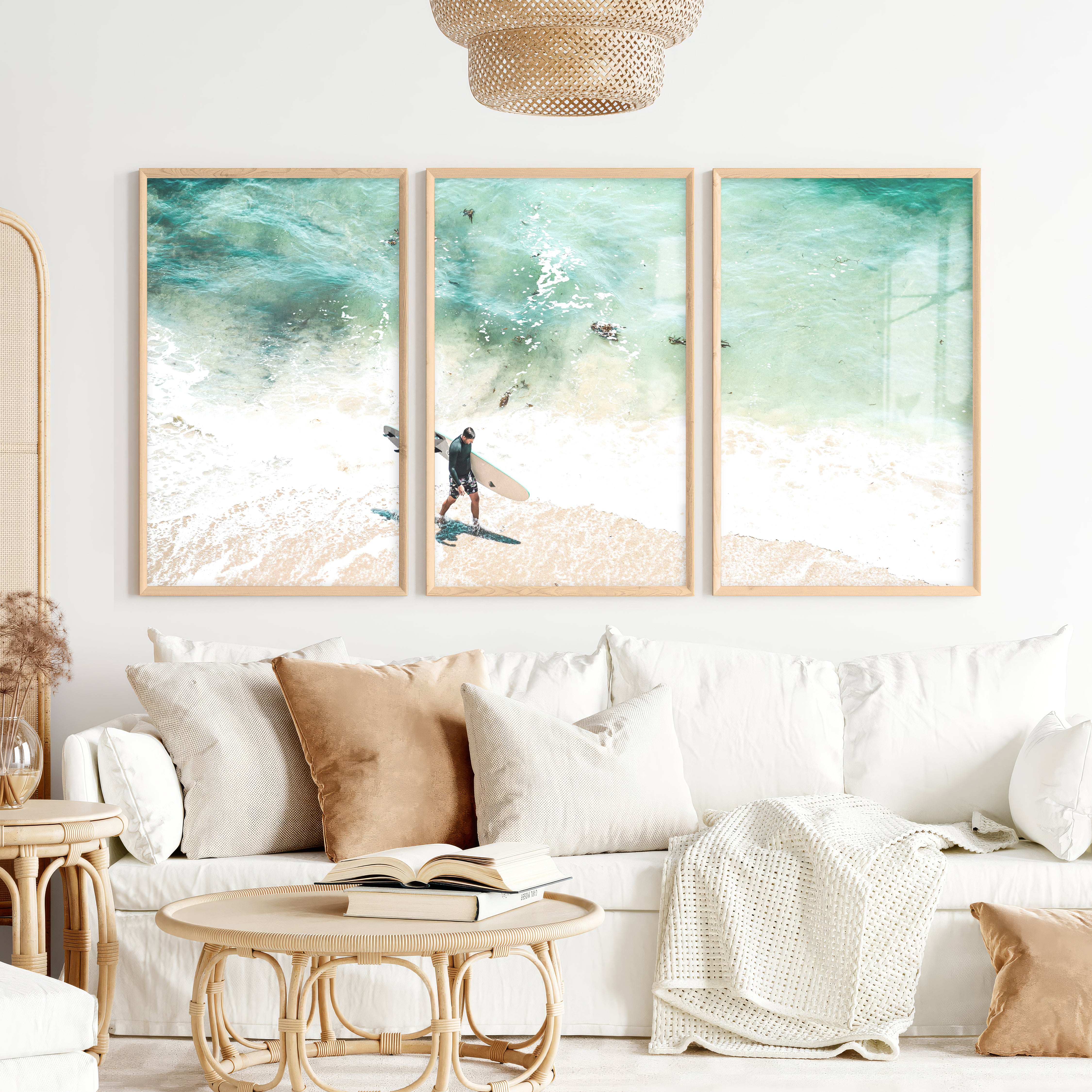Surfer Shore Beach Decor Wall - Natural Wood Framed Poster No Border - Artworksets